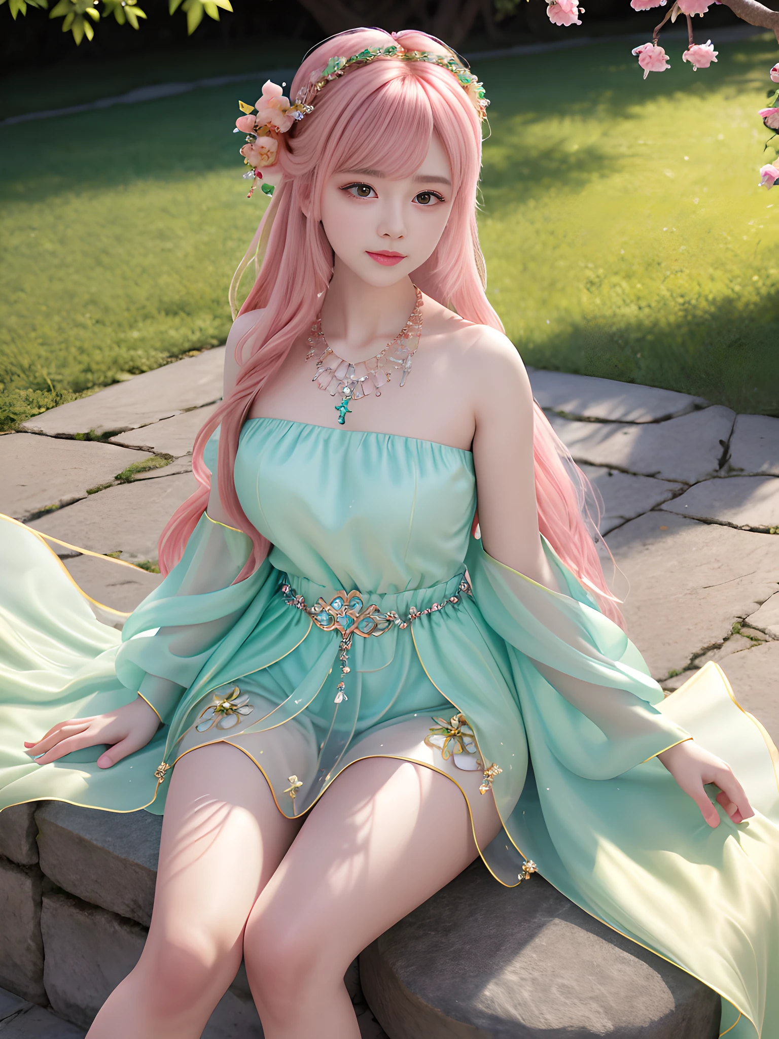 Best Quality, Masterpiece, High Resolution, 4K, 8K, Realistic, Real, Photography, Photo, 1girl, Solo, Mature Girl, Fairy, Detailed Hanfu, Light Green Dress, Bandeau, Leaky Shoulders, Bare Legs, Medium Chest, Erlang Legs, Sitting on a Stone, Facing the Viewer, Exuding Charm, Pink hair, hair accessories, necklaces, jewelry, beautiful face, big eyes, blush, star pupils, plump figure, outdoor, courtyard, full of peach blossoms, edge lighting, two-tone lighting, (High Detail Skin: 1.2), 8K UHD, DSLR, Soft Light, High Quality, Volumetric Light, Voy Shot, Background Blur