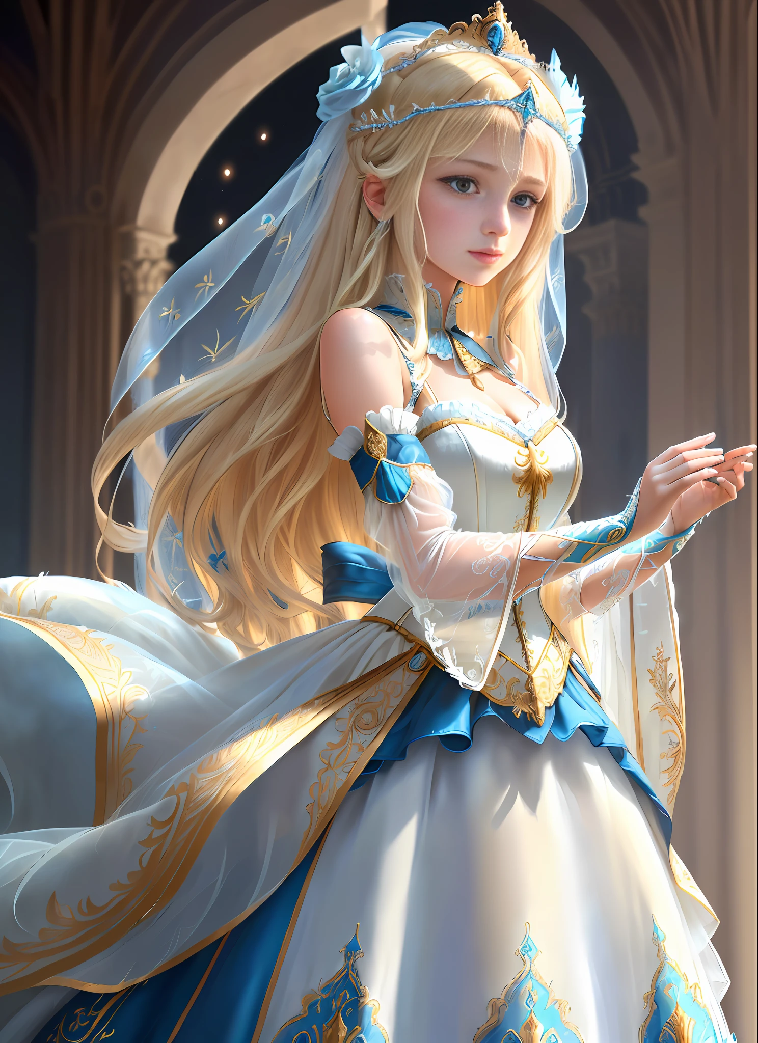 ((extremely detailed CG unity 8k wallpaper)), masterpiece, ultra-detailed, floating, high resolution, (petite, absurdly long blonde hair, princess, ("ornate long white and blue see through layered gown with detached sleeves and holy embroidery"), bridal veil, circlet, bridal gauntlets, bridal garters, corset)