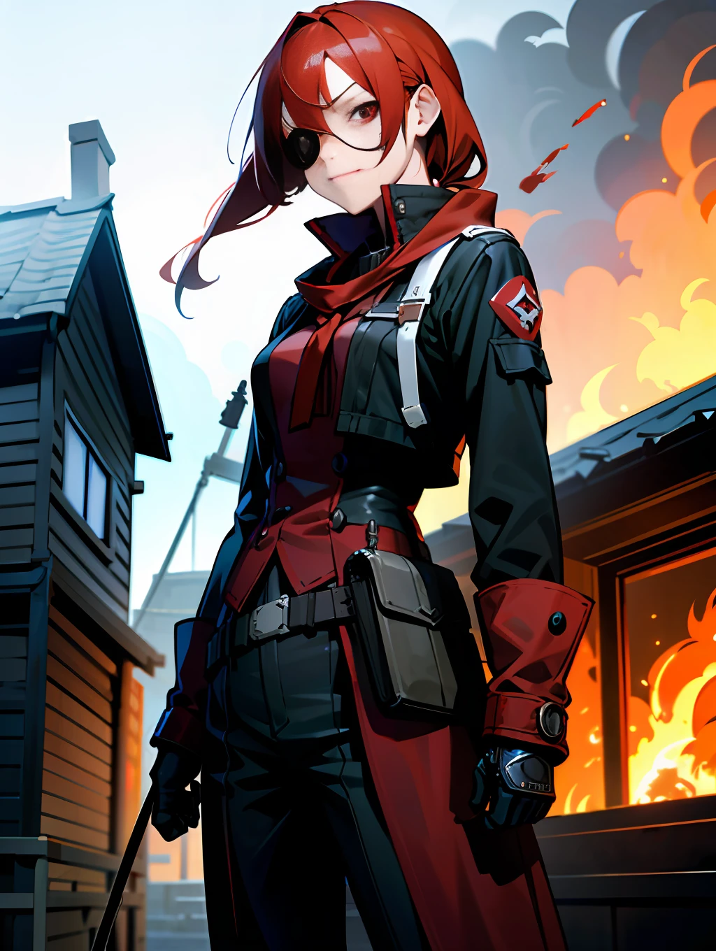 Red haired girl, crimson eyes, ((eyepatch)), wearing a resistance attire, standing in front of burning house, looking at the viewer with intense look and smirking, his body and face cpver with blood and mud, after war, torn clothes, by akihiko yoshida + krenz cushart, light novel cover illustration, character introduction artwork, trending on art station, ((masterpiece quality)), ((masterpiece artwork)), (((absurdres, highres, ultra detailed)))
