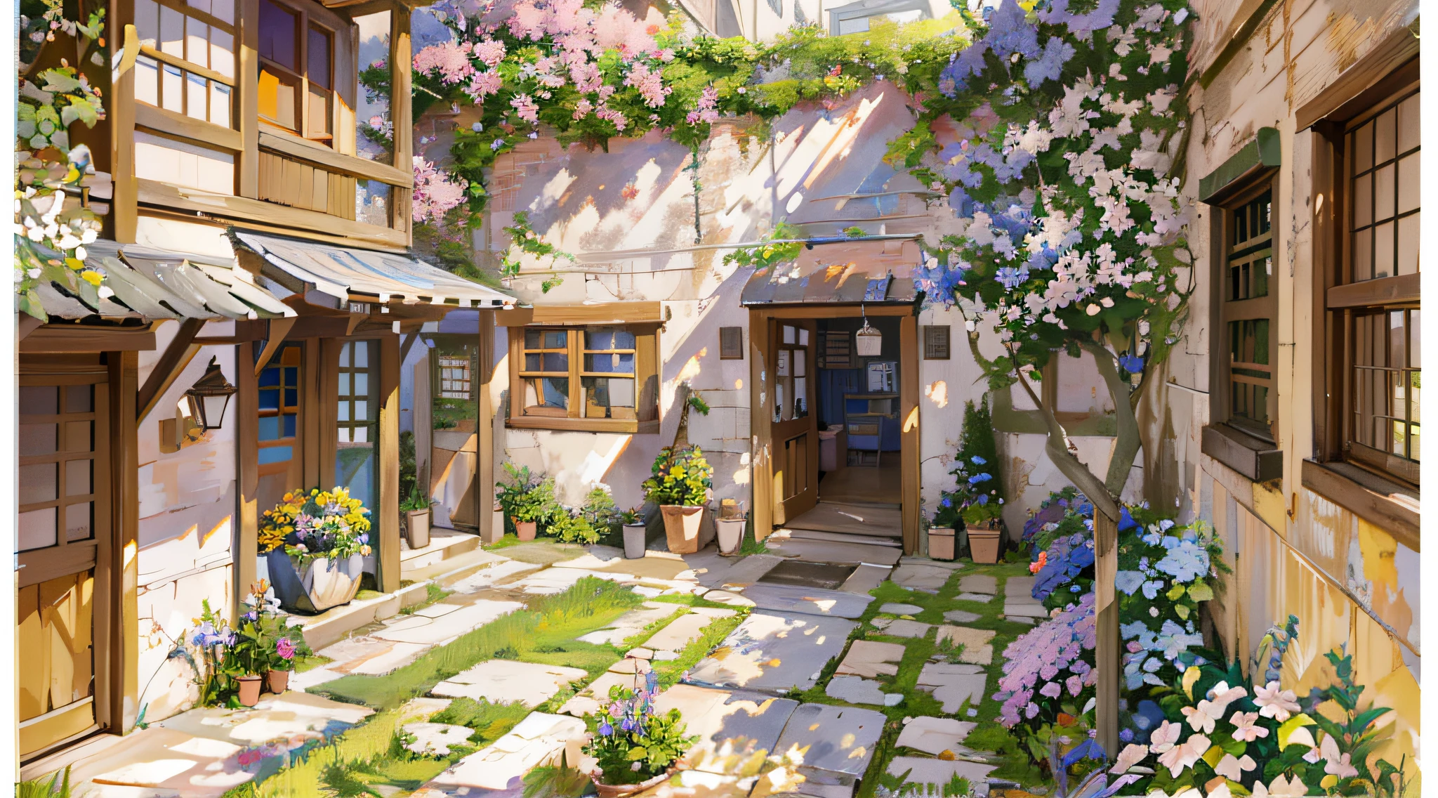 painting of a courtyard with a table and chairs and a bench, anime background art, relaxing concept art, anime scenery concept art, immensely detailed scene, a beautiful artwork illustration, detailed scenery —width 672, studio ghibli environment, highly detailed scene, environment design illustration, beautiful anime scene, ghibli studio style, anime scenery, detailed soft painting, environment painting