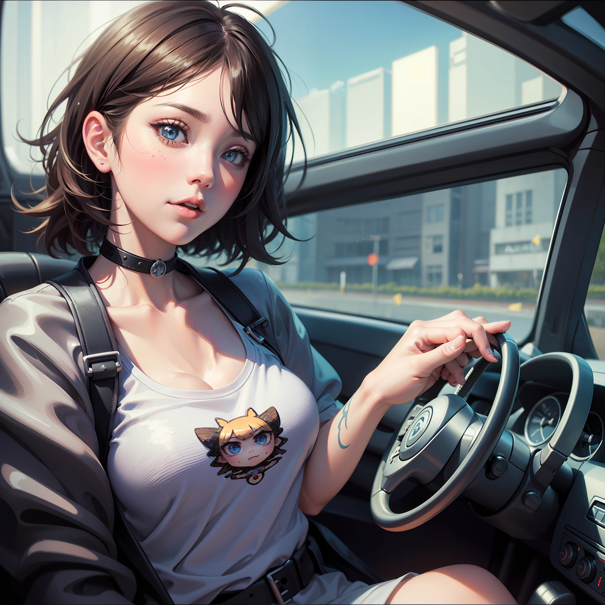 cartoon girl driving a car with a surprised look on her face, adorable digital painting, driving, driving a car, realistic cute girl painting, artwork in the style of guweiz, loish van baarle, cute detailed digital art, realistic cartoon, driving fast, pixar and ilya kuvshinov, by Goro Fujita, cute artwork