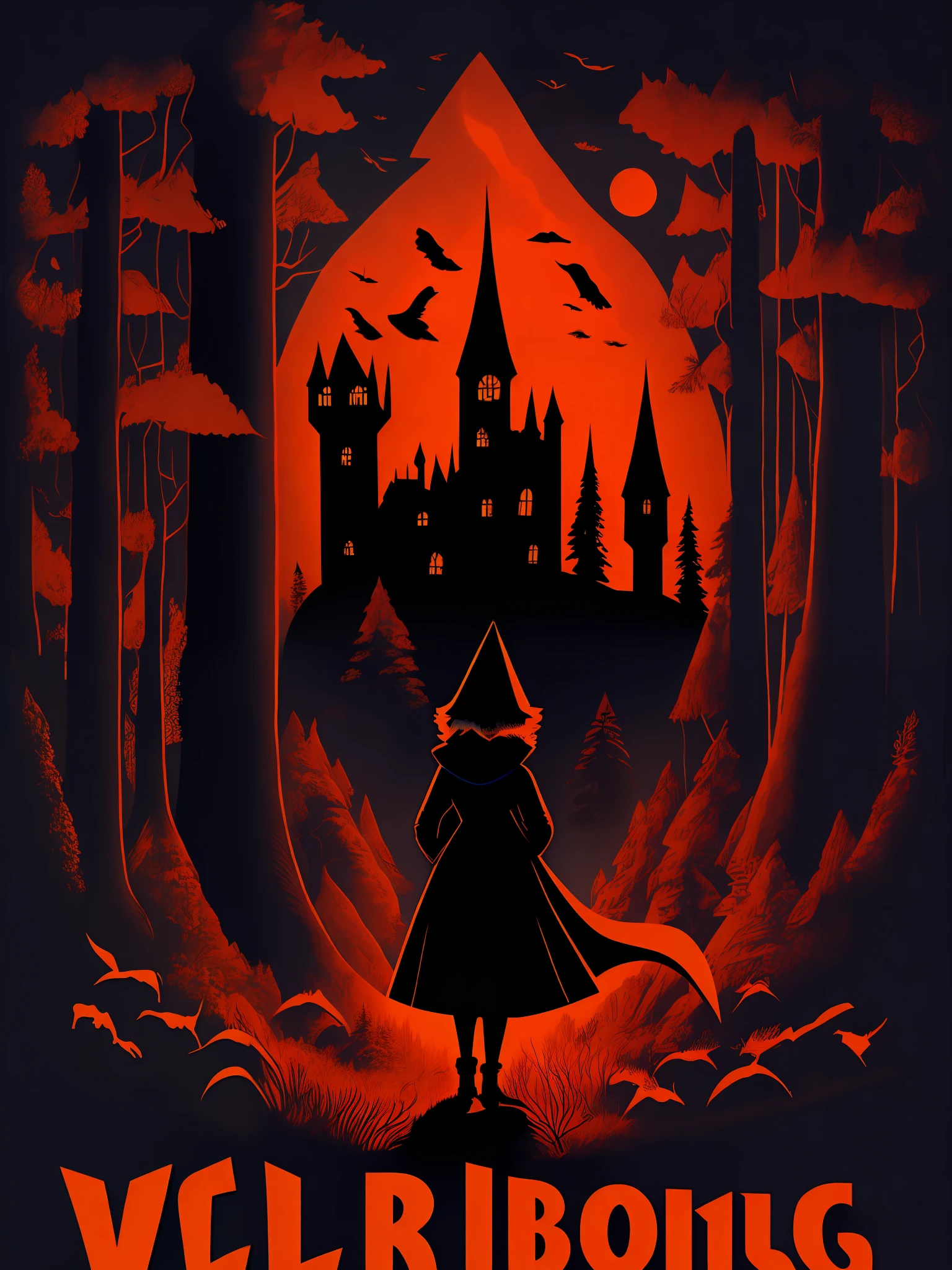 1950s  film poster,wolf, red riding hood,witch,forest,mystery, simple vector, ,dark shadow base,dark environment,castle，wolf, as the central character. some beige color