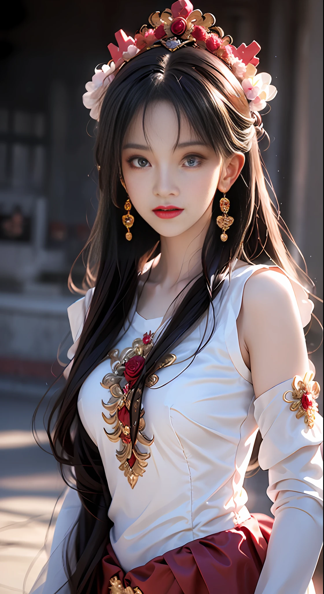 1 adult empress wearing red lace top, deep-breasted nightgown, Chinese-style clothes, ancient costumes with many phoenix patterns, flawless pink and white face, crowned head, hip-length black hair , very beautiful and sharp brown eyes, small red lips, painted lips, charming smile, jewelry worn around the neck, earrings, white and even teeth, high nose, big round breasts, the girl's body is covered with water on chest, slim legs, thin mesh black socks, portrait, most realistic, highest quality, best pixels, 8k ultra ,
