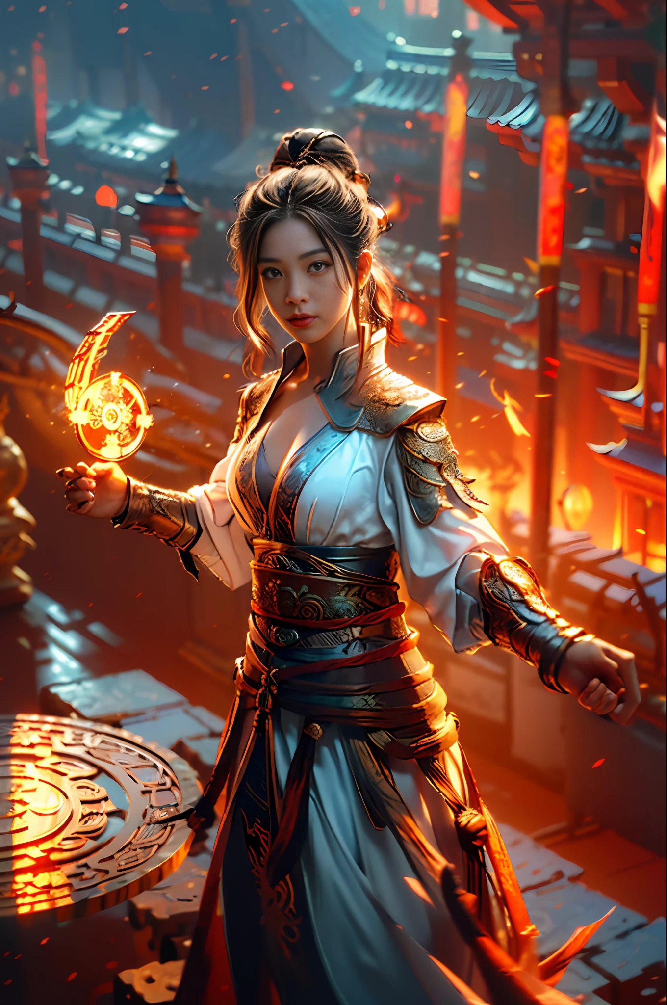 Best quality,masterpiece,ultra high res,(photorealistic:1.4),xiuxian,weapon,Detailed face,
1girl,solo,weapon,cleavage,(magic circle:1.2),xiuxian,upper body,Beautiful girl,full body,east asian architecture,sheath,architecture,