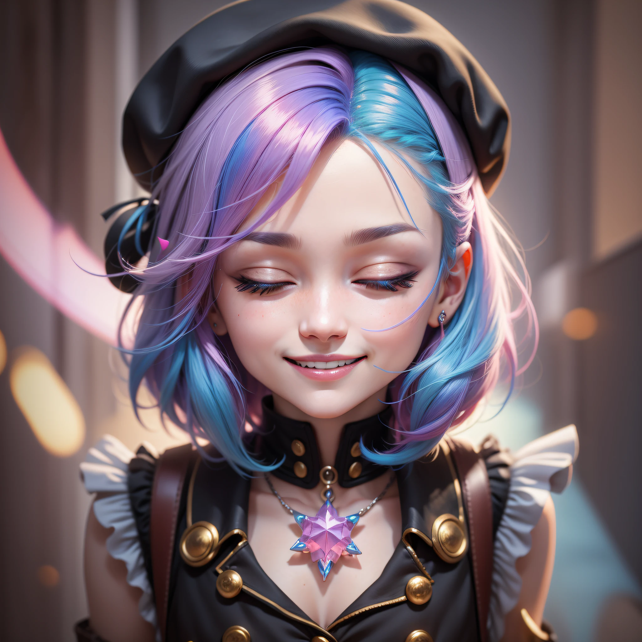 colored inner hair, gradient hair, forehead jewel, beret, closed eyes, grin, Hyperrealism, blind box toy style, cinematic lighting, motion lines, first-person view, macro photo, HD, 8k, UHD, textured skin, masterpiece