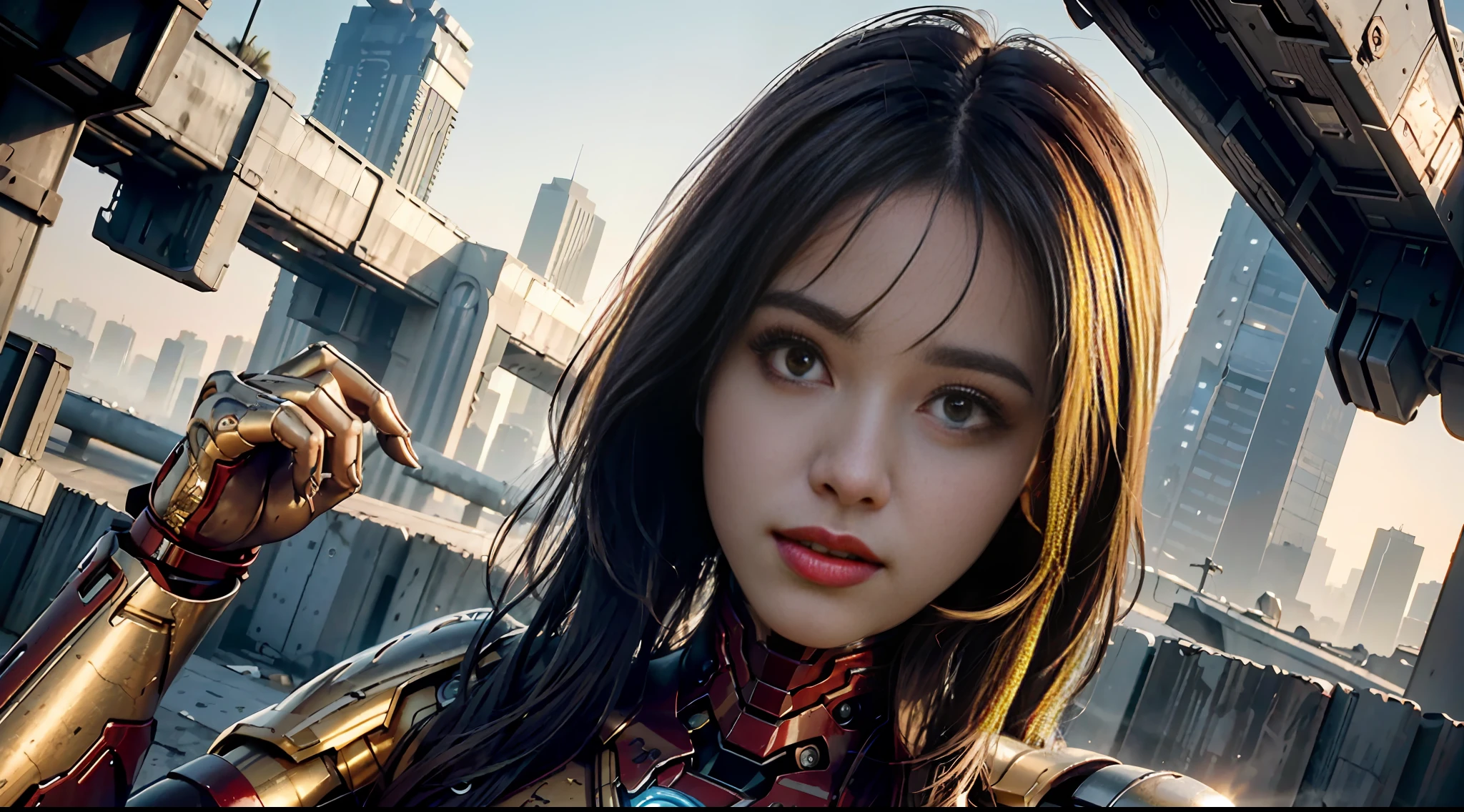 RAW, Masterpiece, Ultra Fine Photo,, Best Quality, Ultra High Resolution, Photorealistic, Sunlight, Full Body Portrait, Stunningly Beautiful,, Dynamic Poses, Delicate Face, Vibrant Eyes, (Side View) , she is wearing a futuristic Iron Man mech, red and gold color scheme, highly detailed abandoned warehouse background, detailed face, detailed and complex busy background, messy, gorgeous, milky white, high detailed skin, realistic skin details, visible pores , sharp focus, volumetric fog, 8k uhd, dslr camera, high quality, film grain, fair skin, photorealism, lomography, sprawling metropolis in futuristic dystopia, view from below, translucent, big breasts