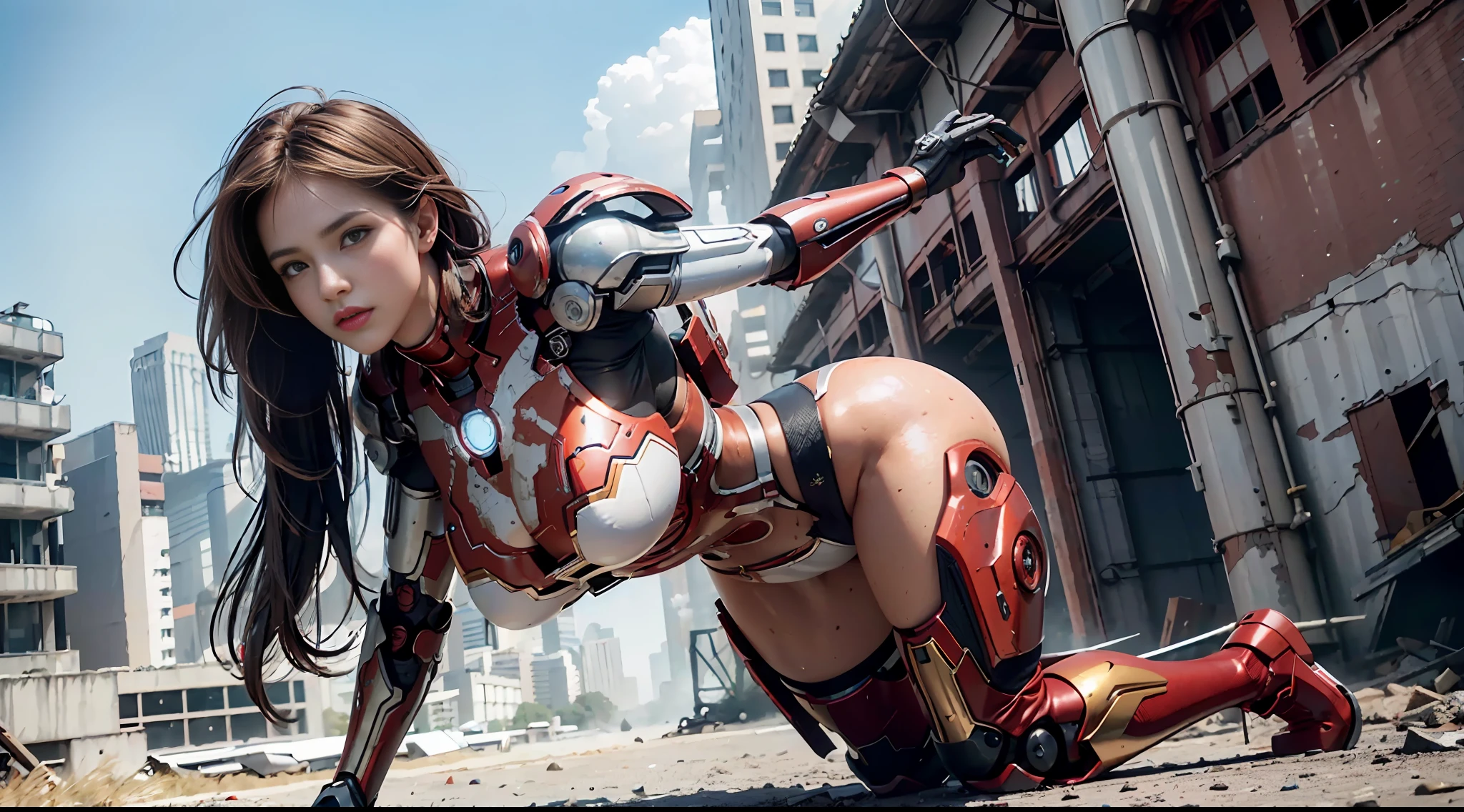 RAW, Masterpiece, Ultra Fine Photo,, Best Quality, Ultra High Resolution, Photorealistic, Sunlight, Full Body Portrait, Stunningly Beautiful,, Dynamic Poses, Delicate Face, Vibrant Eyes, (Side View) , she is wearing a futuristic Iron Man mech, red and gold color scheme, highly detailed abandoned warehouse background, detailed face, detailed and complex busy background, messy, gorgeous, milky white, high detailed skin, realistic skin details, visible pores , sharp focus, volumetric fog, 8k uhd, dslr camera, high quality, film grain, fair skin, photorealism, lomography, sprawling metropolis in futuristic dystopia, view from below, translucent, big breasts