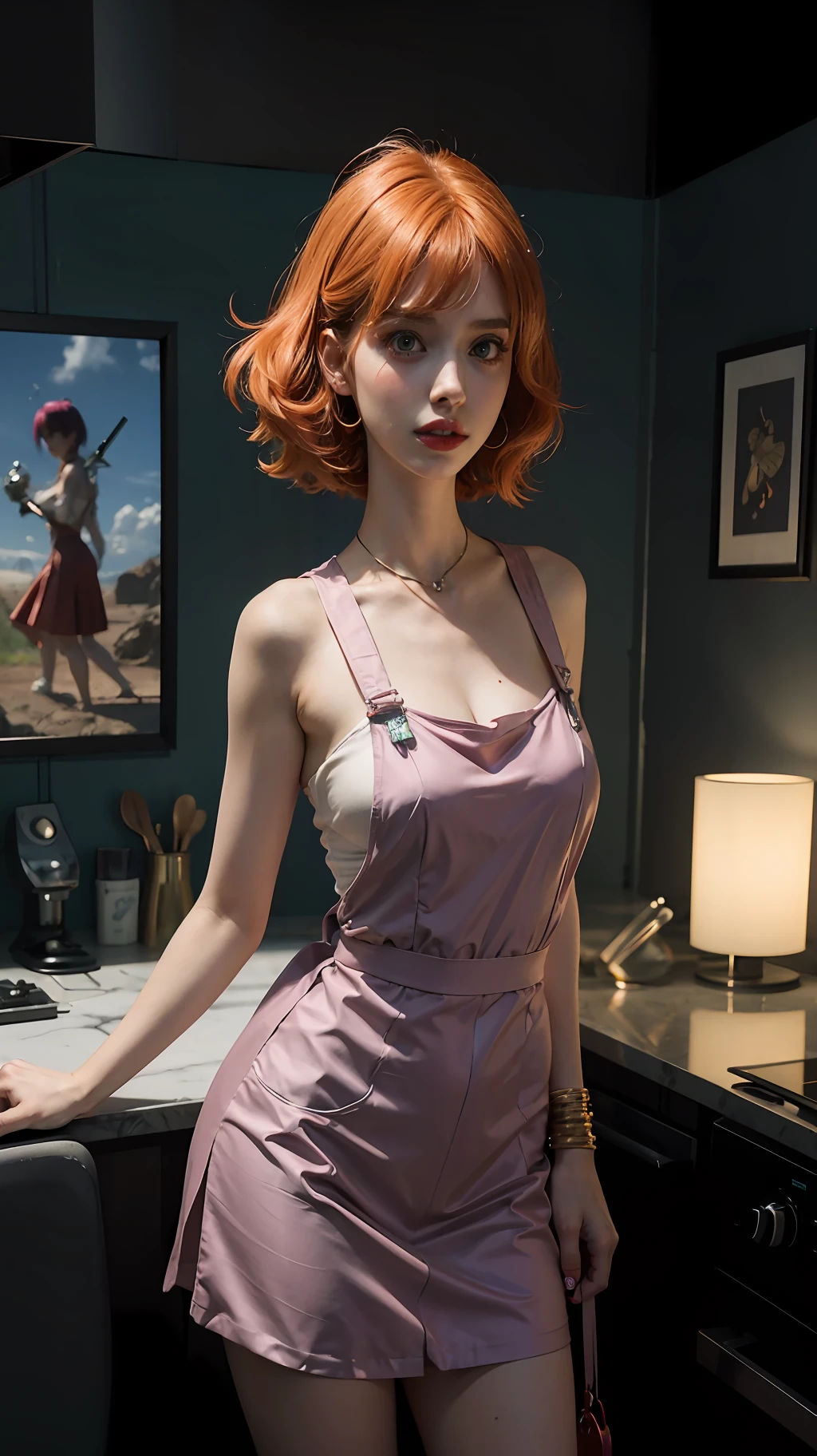 there is a woman in a short dress standing in a kitchen, amouranth, better known as amouranth, young beautiful amouranth, leeloo outfit, annie from league of legends, beautiful asuka from evangelion, faye valentine from cowboy bebop, anime girl in real life, amouranth as a super villain, faye valentine