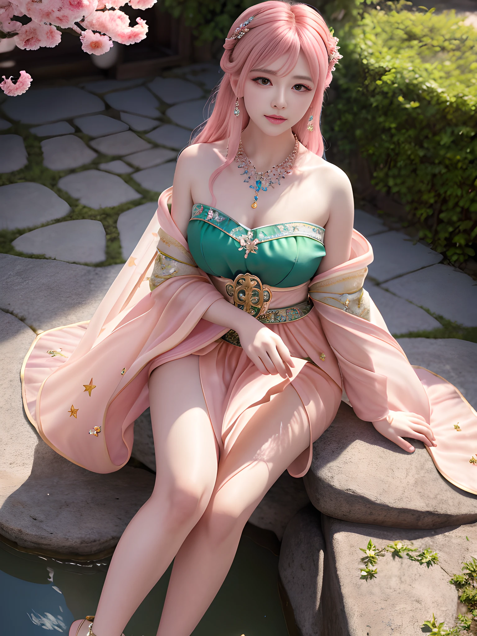 Best Quality, Masterpiece, High Resolution, 4K, 8K, Realistic, Real, Photography, Photo, 1girl, Solo, Mature Girl, Fairy, Detailed and Gorgeous Hanfu, Green Dress, Bandeau, Leaky Shoulders, Bare Legs, Medium Chest, Erlang Legs, Sitting on Stone, Facing the Audience, Exuding Charm, Pink hair, hair accessories, necklaces, jewelry, beautiful face, big eyes, blush, star pupils, plump figure, outdoor, courtyard, full of peach blossoms, edge lighting, two-tone lighting, (High Detail Skin: 1.2), 8K UHD, DSLR, Soft Light, High Quality, Volumetric Light, Voy Shot, Background Blur