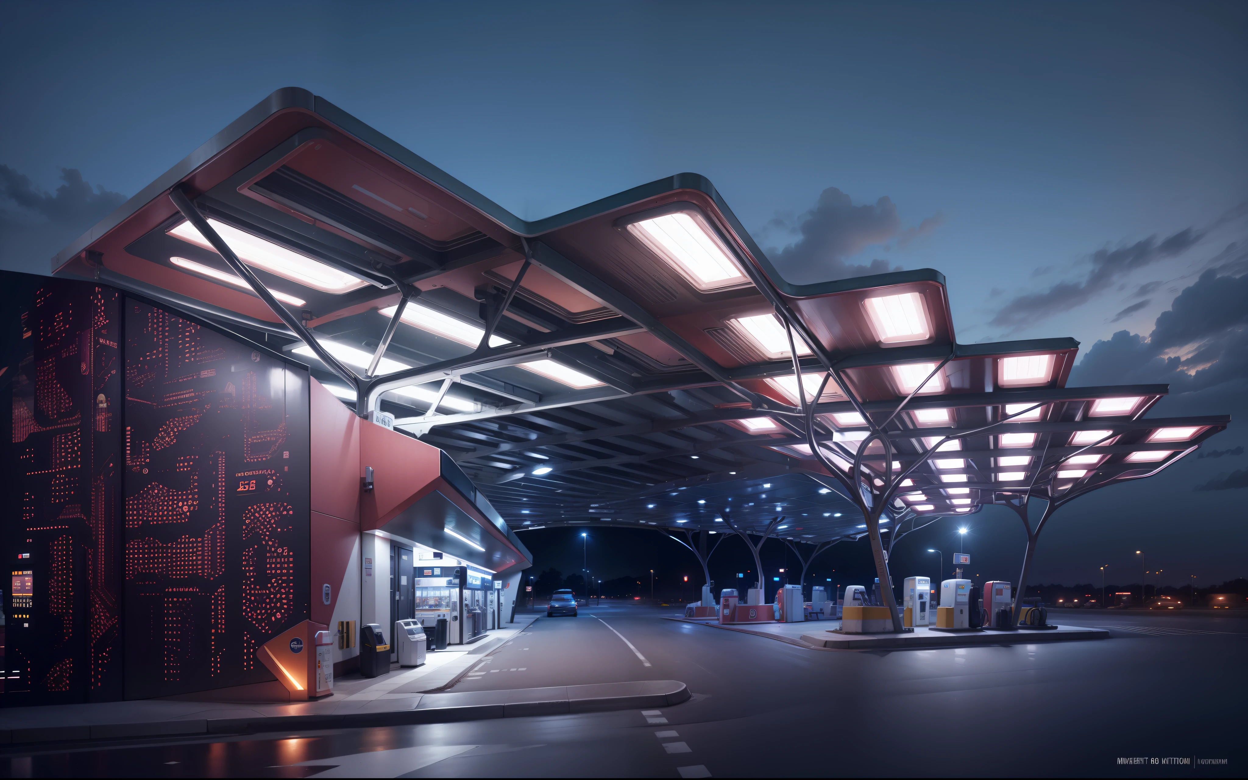 Gas station, modern style, bright, 4k, reflective, high quality,