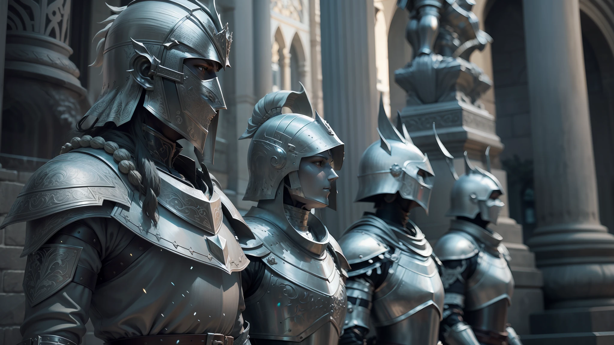 there are many statues of knights in a row outside a building, plated armor intricate, plated armor, intricate etched armor, lamellar armor, ornate gothic armor, intricate armour costumes, silver intricate armor, intricate metal armour, wearing sculpted textured armor, full body plated armor, wearing sculpted textured armour, intricate metal armor, segmented organic armor, wearing shining plate armor --auto --s2