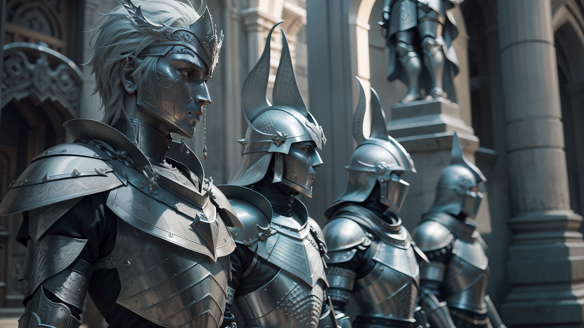 there are many statues of knights in a row outside a building, plated armor intricate, plated armor, intricate etched armor, lamellar armor, ornate gothic armor, intricate armour costumes, silver intricate armor, intricate metal armour, wearing sculpted textured armor, full body plated armor, wearing sculpted textured armour, intricate metal armor, segmented organic armor, wearing shining plate armor --auto --s2