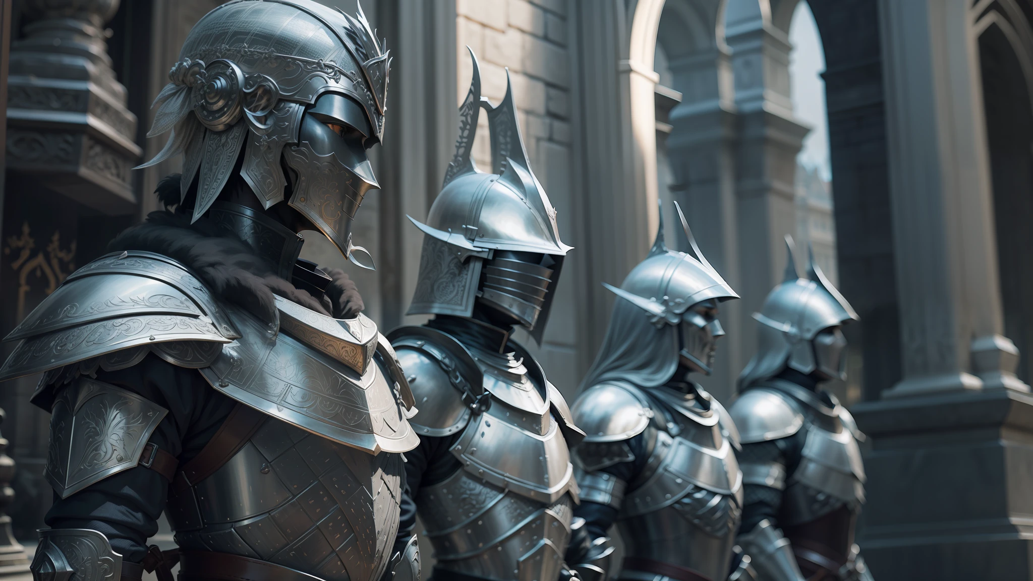 there are many statues of knights in a row outside a building, plated armor intricate, plated armor, intricate etched armor, lamellar armor, ornate gothic armor, intricate armour costumes, silver intricate armor, intricate metal armour, wearing sculpted textured armor, full body plated armor, wearing sculpted textured armour, intricate metal armor, segmented organic armor, wearing shining plate armor --auto --s2