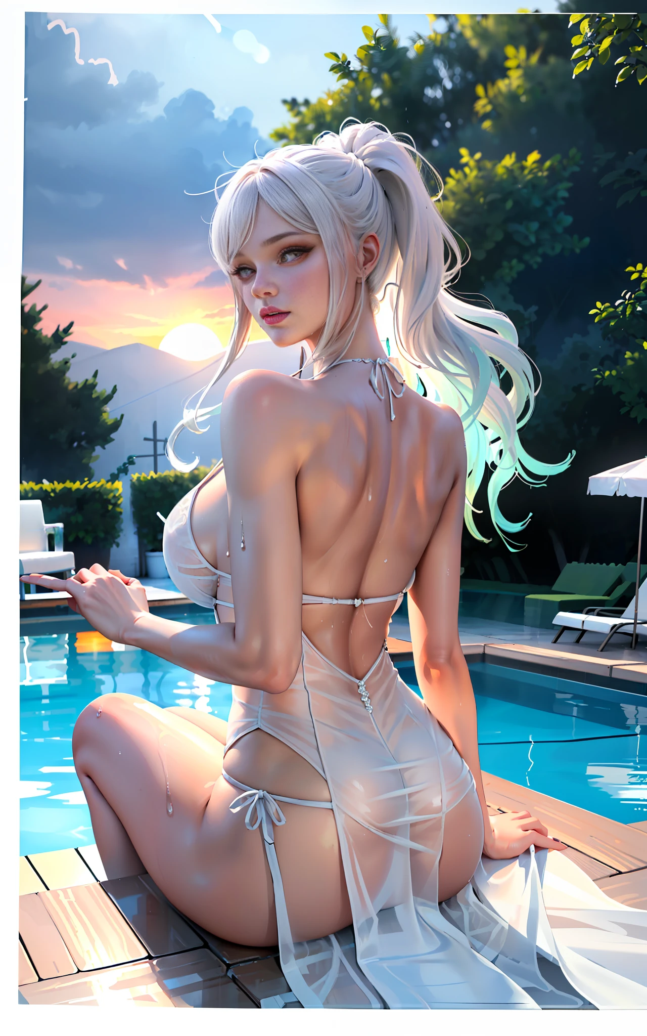 Huge breasts. Transparent gauze, painting, (best quality, 4k, Masterpiece: 1.4), Beautiful Woman, Surreal, 1 Girl, ((Looking Back at the Sunset)), (Sagging Breasts, Attractive Body: 1.6), Sit-ups: 1.1, Long White Hair: 1.8, (Wet Rain, Wet Body: 1.7), Ultra-detailed face, detailed lips, detailed eyes, double eyelids, sexy low-necked dress, open neckline, hanging breasts, side pose, visible curves, pool party, poolside, white transparent robe, muscular turning legs