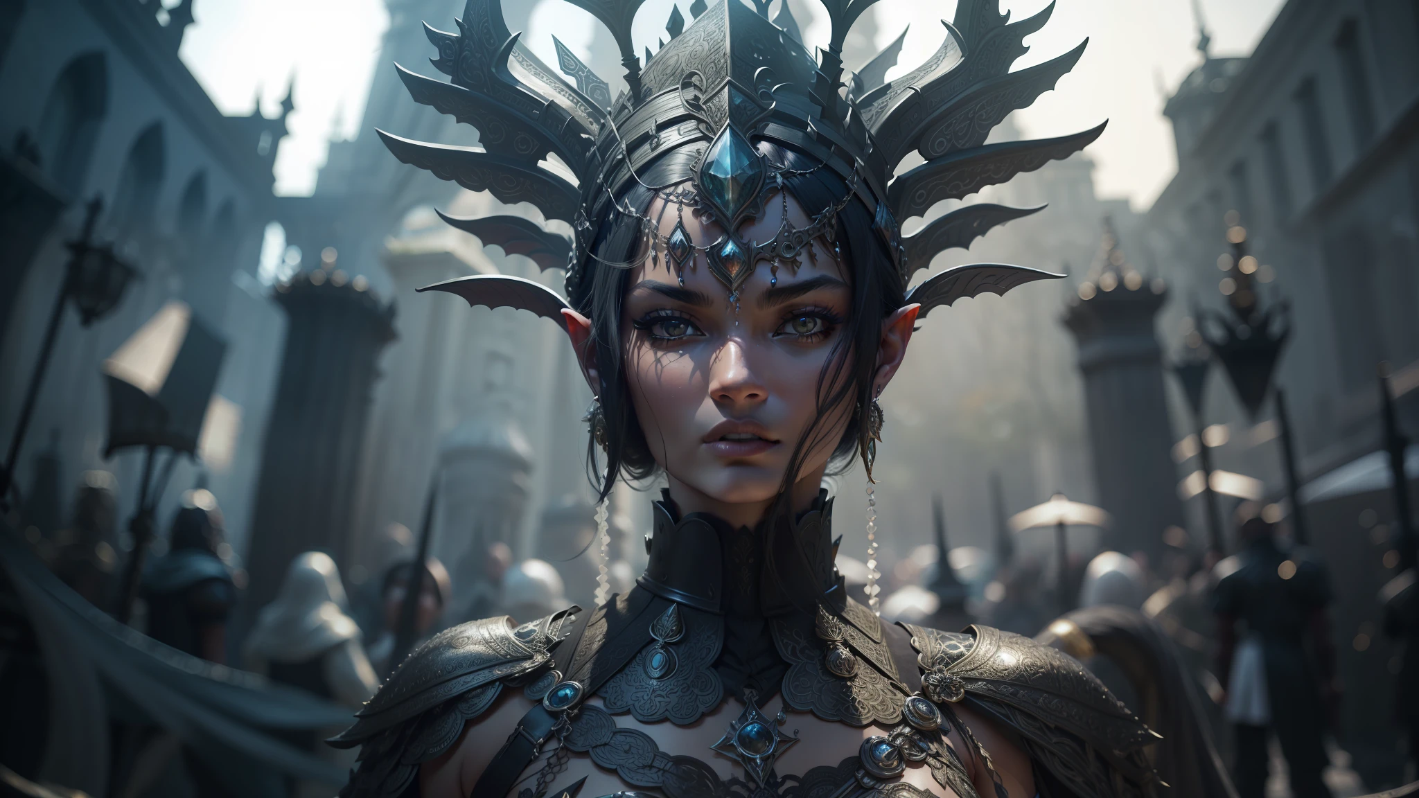 a close up of a woman wearing a very elaborate headdress, shanina shaik as medusa, still from a fantasy movie, fantasy movie still, fantasy style clothing, elven armor, the queen of blades, fantasy leather clothing, elegant cinematic fantasy art, warrior queen, queen of blades, beautiful female warrior, fantasy still movie, ornate filigree armor --auto --s2