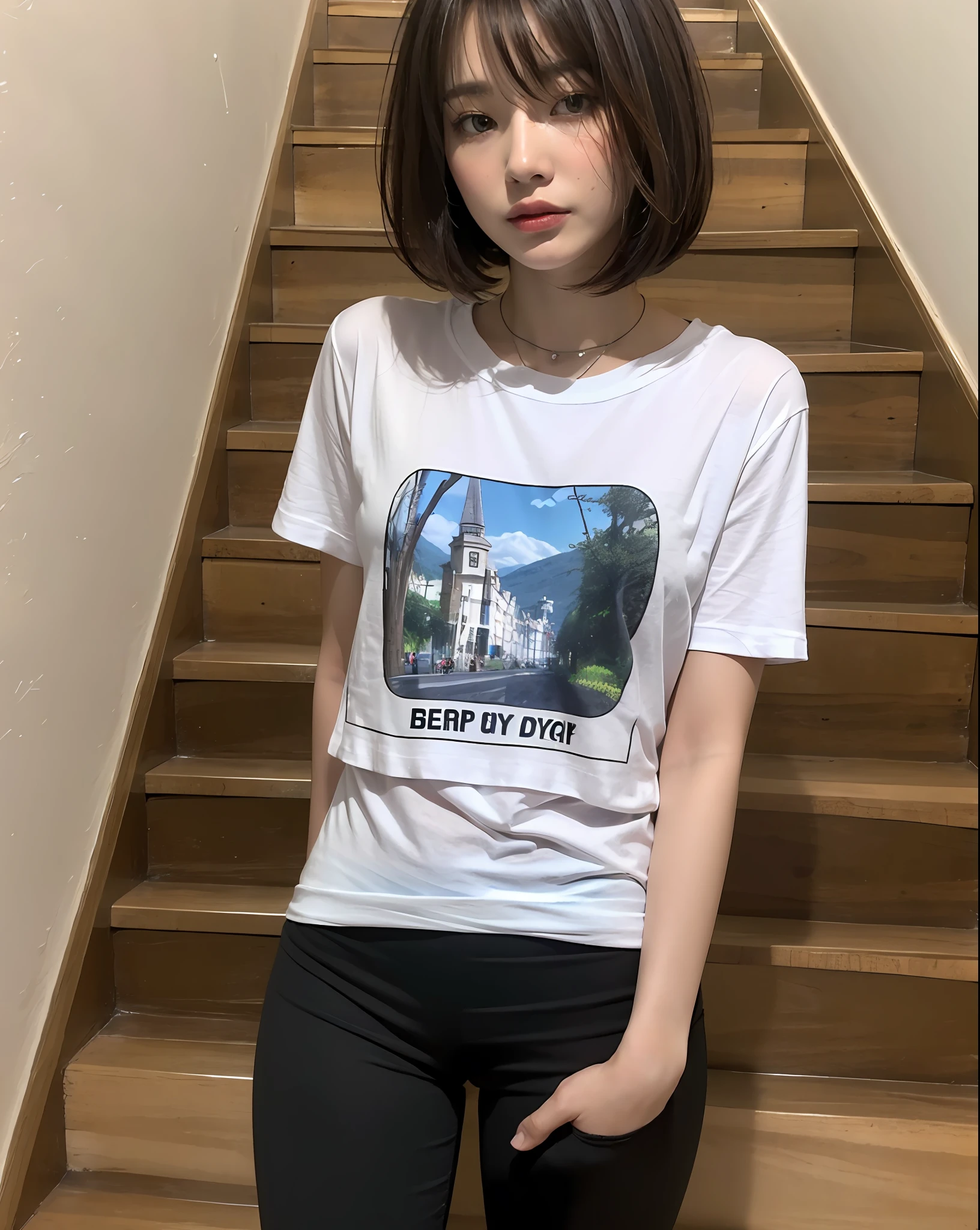 ((Best Quality, 8k, Masterpiece:1.3)),((Realistic)), Focus:1.2, Perfect Body Beauty:1.4, Buttocks:1.2, ((Layered Haircut, Breasts:1.4)),((On Stairs)) , (Day, Public:1.3)((T-shirt,Breasts: 1.4)), Highly Detailed Face and Skin Texture, Fine Eyes, Double Eyelids, Whitened Skin, Long Hair, (Shut Up: 1.3),((wearing smartwatch)), ((leggings AND T-shirt))