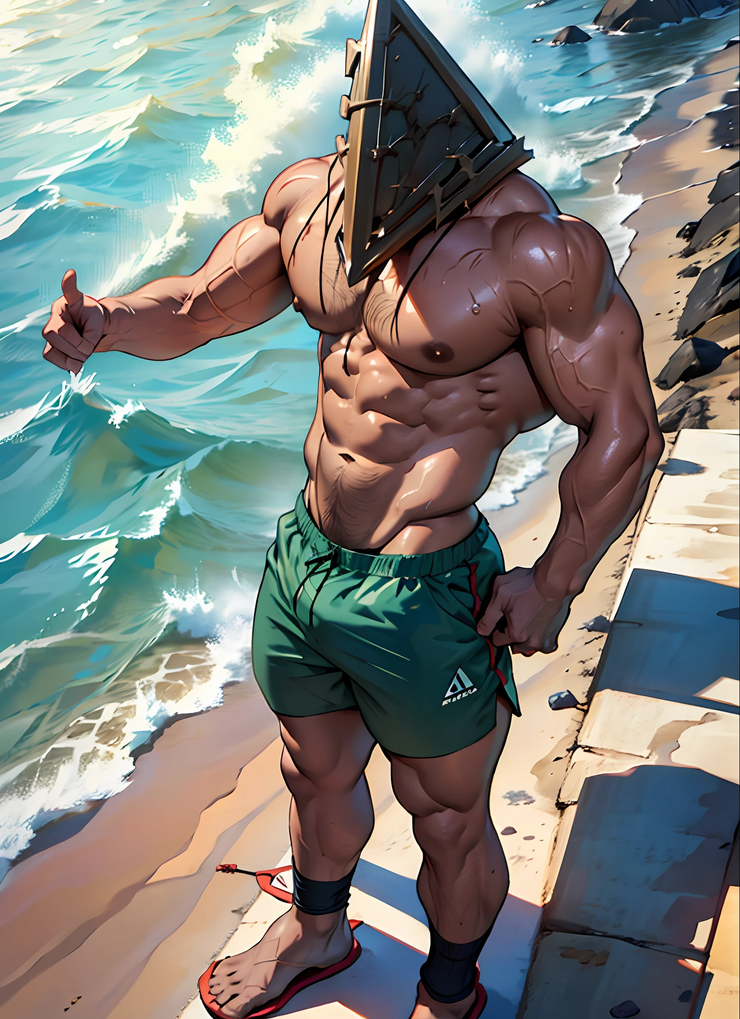 Best quality, pyramid head, swimming trunks, beach, sunlight, from above, standing, behind arms, muscles, male sexy