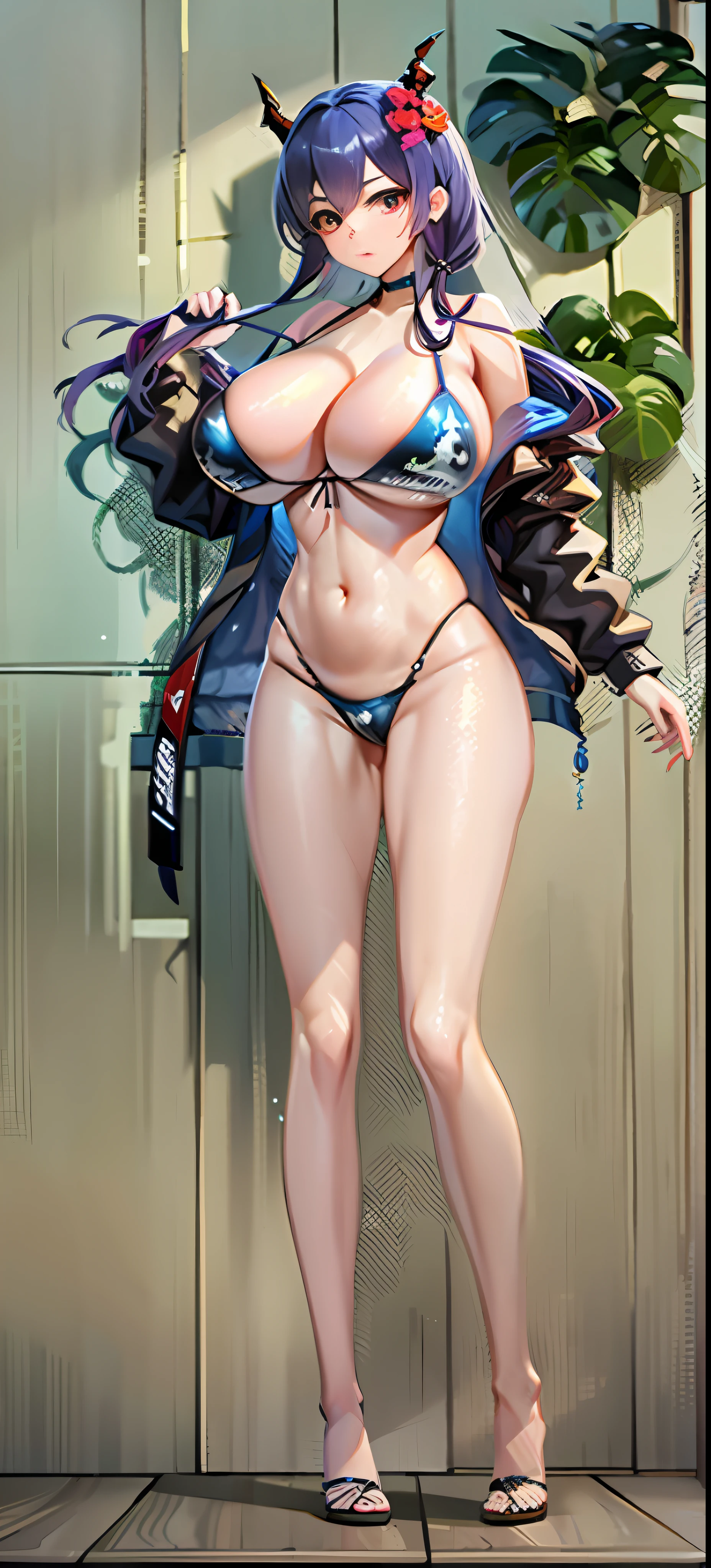 Masterpiece, Best Quality, Ultra Detailed, Illustrations, 1girl, (Full body: 1.4), (Looking at the audience: 1.4), Miniature Bikini, Beautiful Detail Eyes, (Big Tits: 2), (((Gigantic Breast))), Wide Hip, (((Long Leg)))