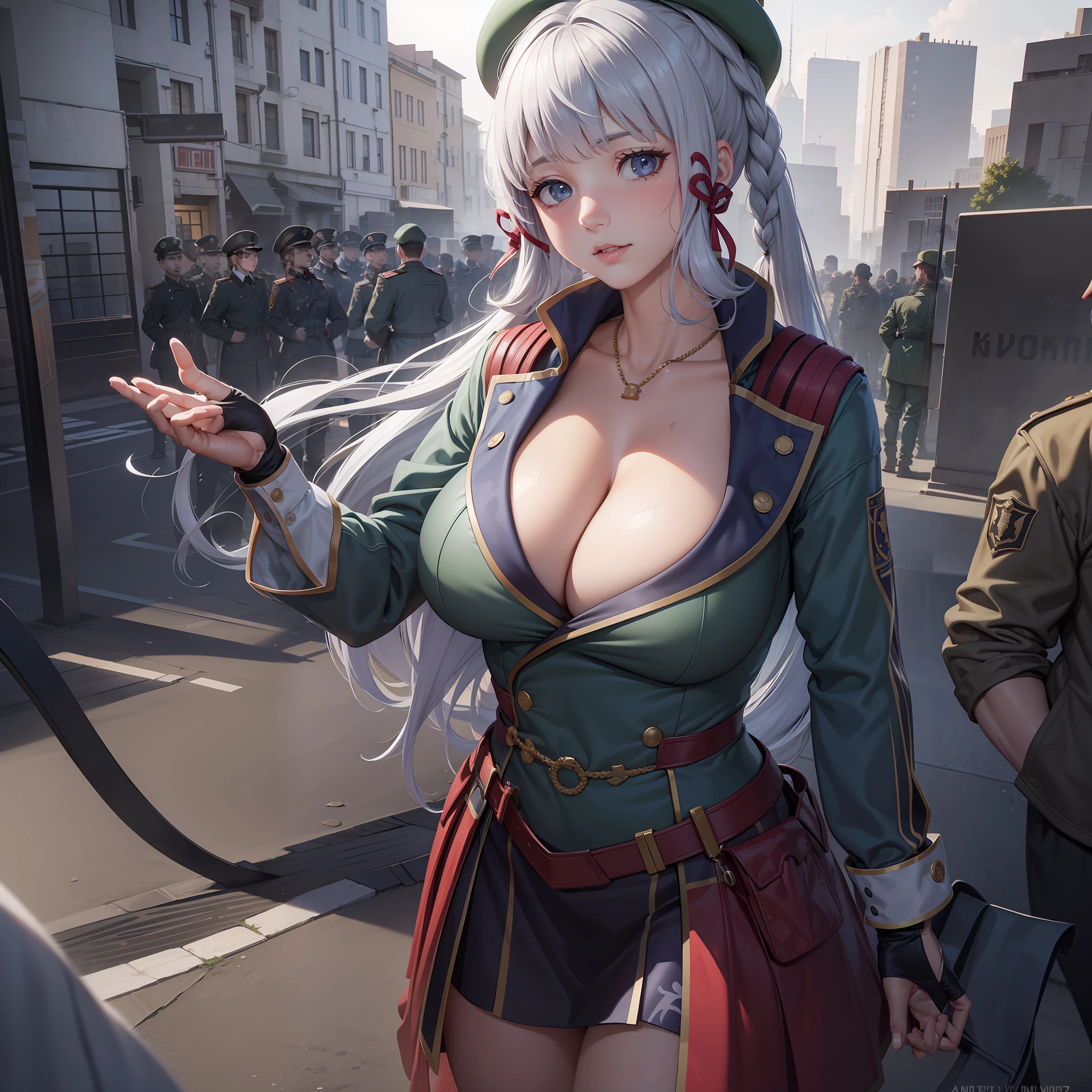 House, City ::-1, Wet Hair, Multiple Braids, Berets, Empty Eyes, Naughty, Unreal Engine, Cinematic Lighting, Ultra HD, Super Details --Aspect 2:3, Huge and Huge Breasts, Exposed Breasts, 8k, Super Detail, Anatomically Correct, UHD, High Resolution, High Detail, Anatomically Correct, Commissar, Third International Monument, Soviet Red Army, 1girl, Detailed Lines, Single Portrait, Green Military Uniform,