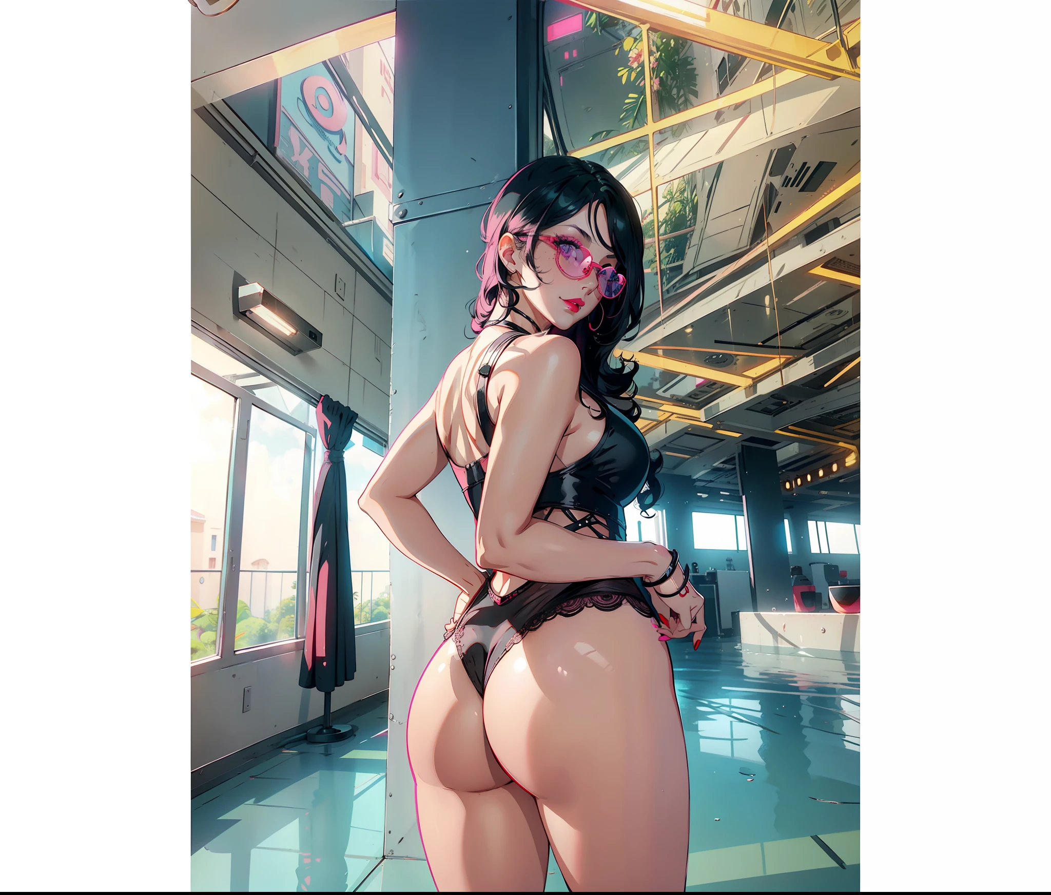 black hair, blonde hair, curly hair, sunglasses, mole under eye, dashed eyes, pink eyes, makeup, smile, shy, red lips, high detail, modern, anime style, Pixar, bloom, ray tracing, glowing light, 8k, super detail, award winning, high quality, masterpiece