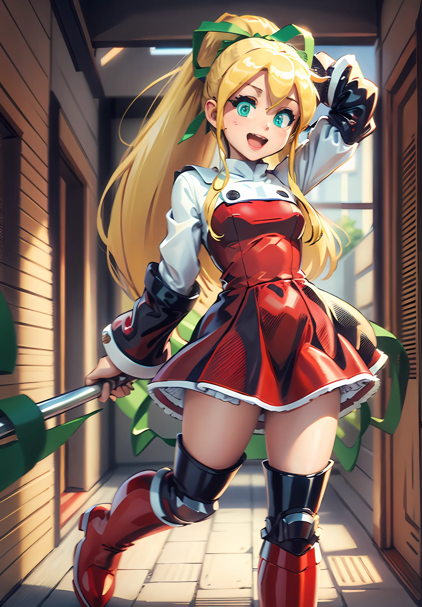 masterpiece, high quality,
megamanroll, 1girl, solo, green eyes, blonde hair, ponytail, ribbon, open mouth, boots, dress, smile, long hair, knee boots, full body, white background, red dress, hair ribbon, arm up, red footwear, long sleeves, red skirt, :d, green ribbon, looking at viewer, sidelocks, skirt