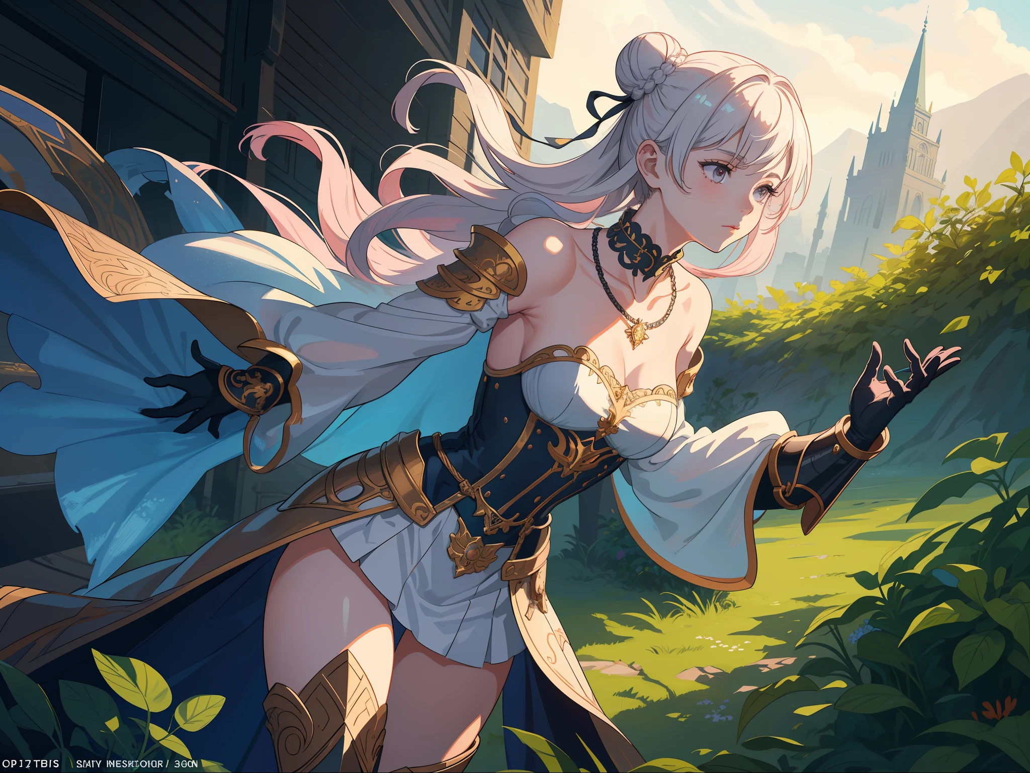 ((Maiden looking into the distance))), Lolita, alone, naughty face, beauty, tied hair, bun, open back, armor, female knight, armor skirt, ribbon-like necklace, sexy, beautiful, moving, good body proportions, delicate face, delicate skin, pink skin, big breasts, front, dynamic pose, fine painting, black eyes, standing posture, long legs, detail portrayal, many islands suspended in the air, city, fantasy, magical plant growth, extreme details, Realistic lighting, epic composition, (intricate details), (intricate design, ultra detail: 1.2), art station, (masterpiece, best quality), ultra hd