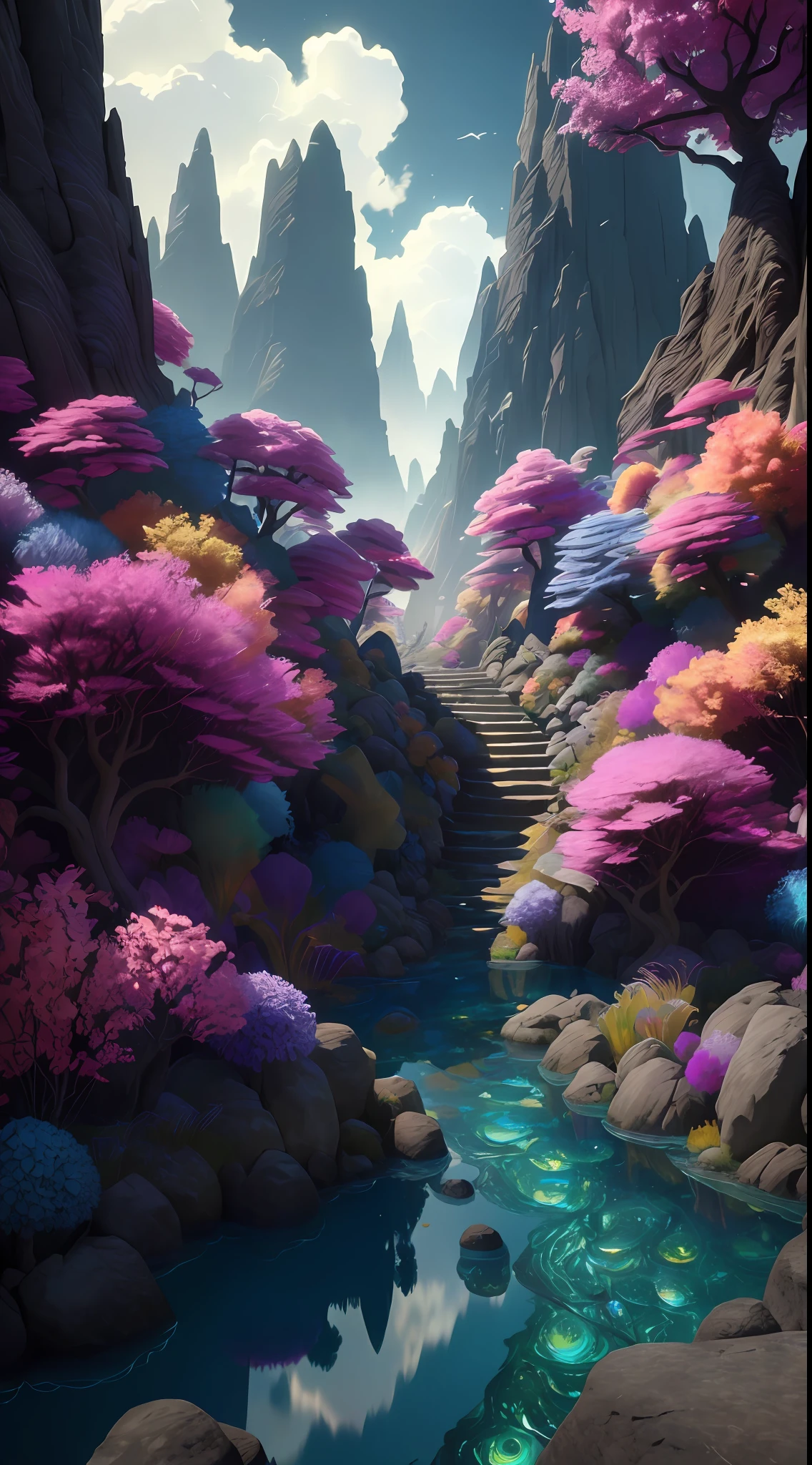 (low contrast ), colorfantasystyle masterpiece, best quality, high quality, extremely detailed CG unity 8k wallpaper, scenery, outdoors, sky, cloud, day, no humans, mountain, landscape, water, tree, blue sky, waterfall, cliff, nature, lake, river, cloudy sky,award winning photography, Bokeh, Depth of Field, HDR, bloom, Chromatic Aberration ,Photorealistic,extremely detailed, trending on artstation, trending on CGsociety, Intricate, High Detail, dramatic, art by midjourney