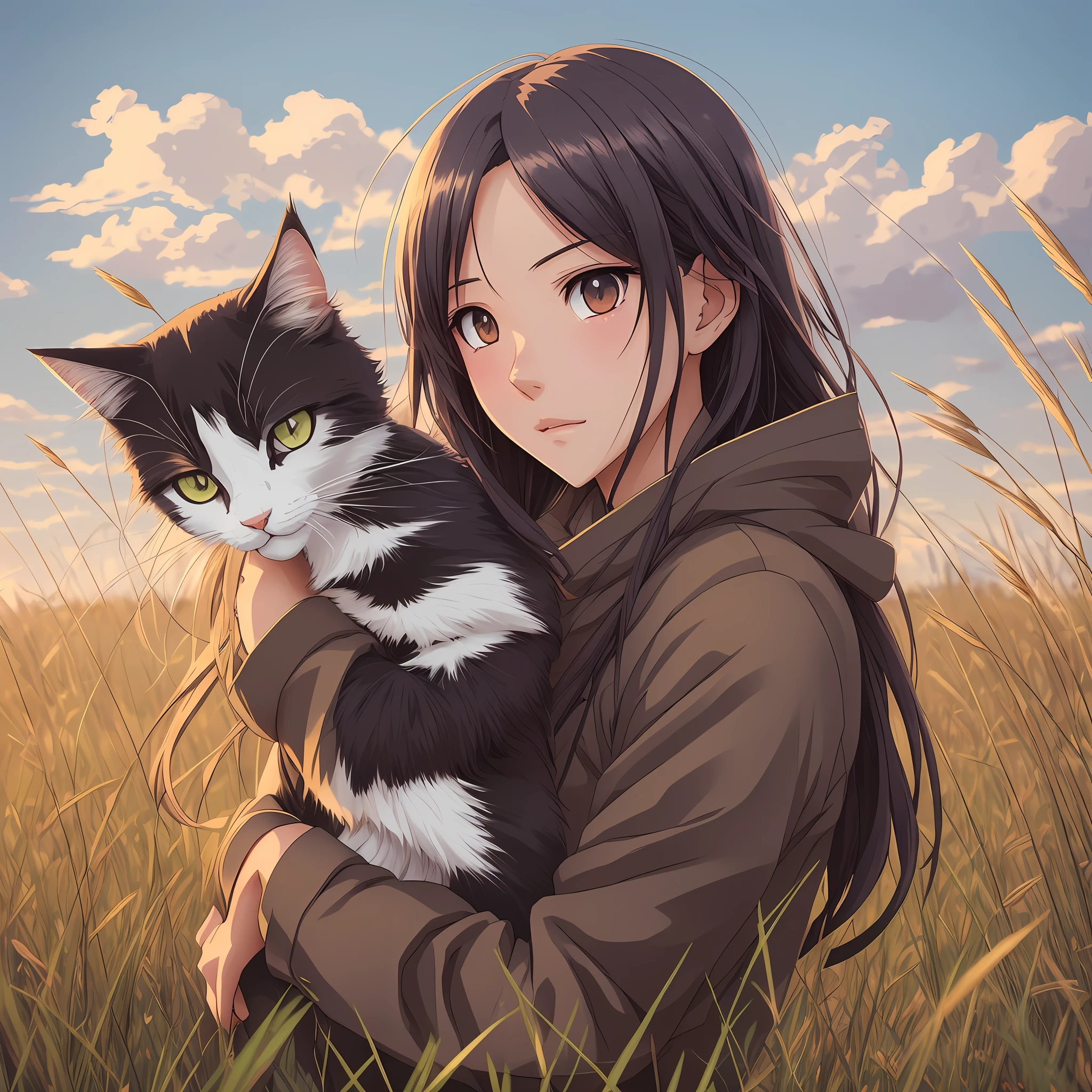 anime girl carrying a cat in a field of tall grass, guweiz, artwork in the style of guweiz, guweiz on pixiv artstation, trending on cgstation, anime visual of a cute girl, guweiz and makoto shinkai, guweiz on artstation pixiv, negao, soft anime illustration --auto --s2