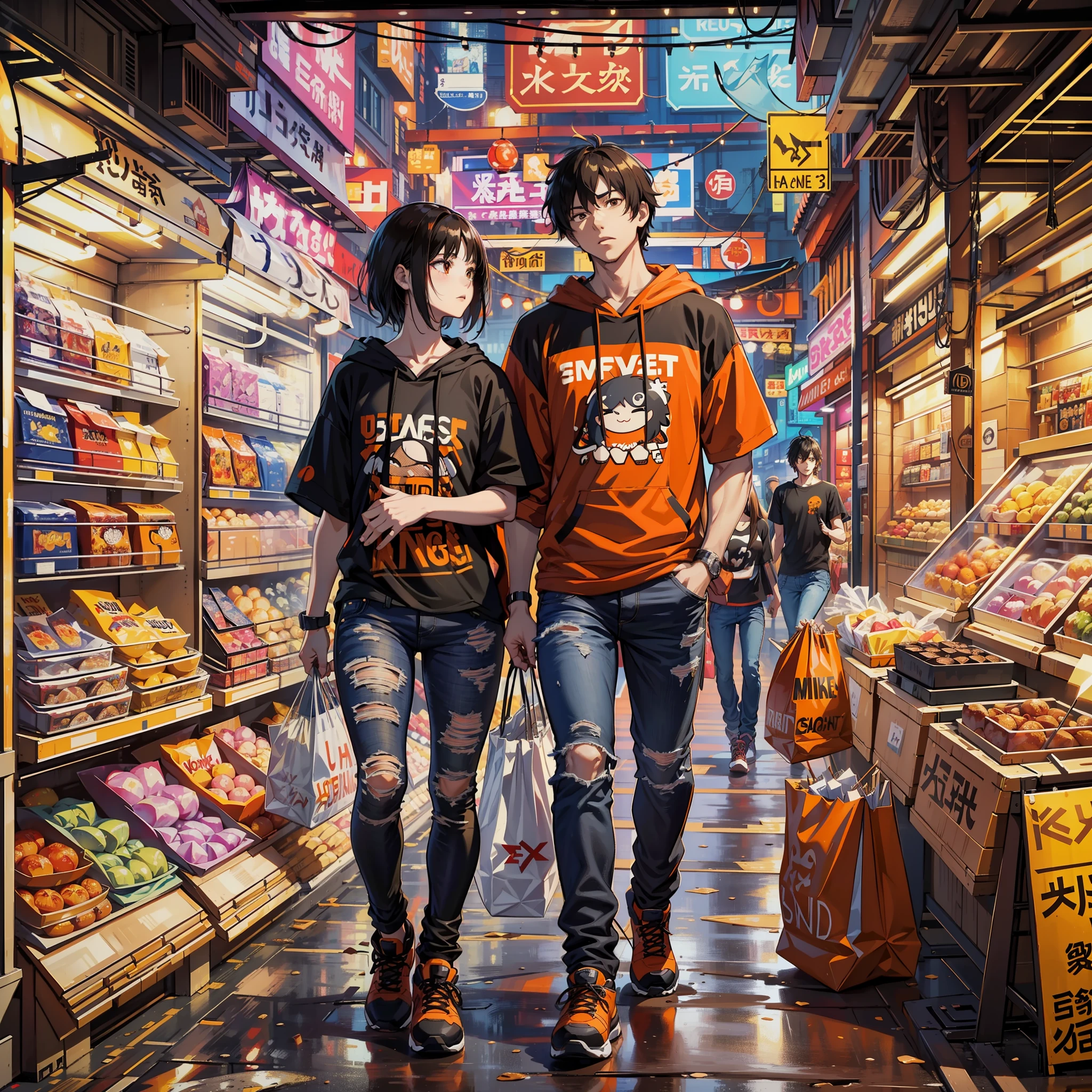 full body, a man and woman couple shopping on a busy night market, looking each other, ((arguing each other while buy something)), (((the male one is carrying a huge amount of shopping items))), the woman : (brunette hair, black orange hoodie, shorts jeans), the man : (short black messy hair, black t-shirt, long jeans), busy night market, perspective, best quality, UHD, high details