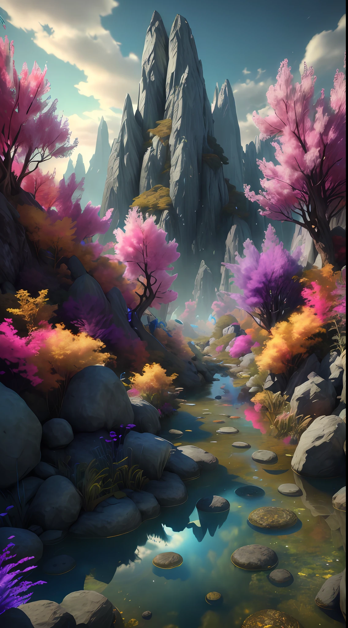 (low contrast ), colorfantasystyle masterpiece, best quality, high quality, extremely detailed CG unity 8k wallpaper, scenery, outdoors, sky, cloud, day, no humans, mountain, landscape, water, tree, blue sky, waterfall, cliff, nature, lake, river, cloudy sky,award winning photography, Bokeh, Depth of Field, HDR, bloom, Chromatic Aberration ,Photorealistic,extremely detailed, trending on artstation, trending on CGsociety, Intricate, High Detail, dramatic, art by midjourney