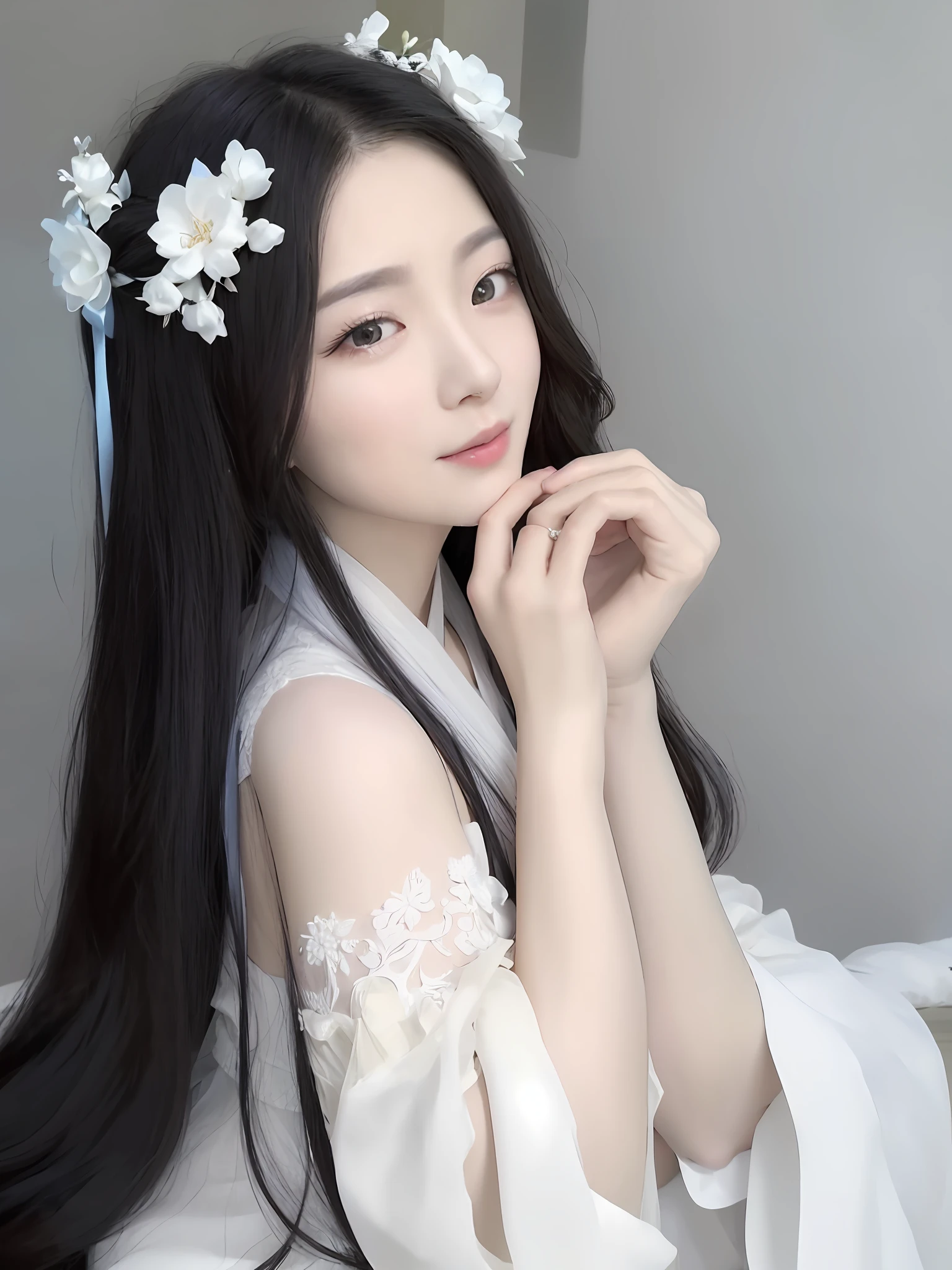 a close up of a woman with long black hair wearing a white dress, gorgeous chinese model, pale milky white porcelain skin, pale snow white skin, full body xianxia, xianxia, li zixin, white hanfu, lovely delicate face, pale porcelain white skin, sha xi, wenfei ye, dilraba dilmurat, gorgeous young korean woman