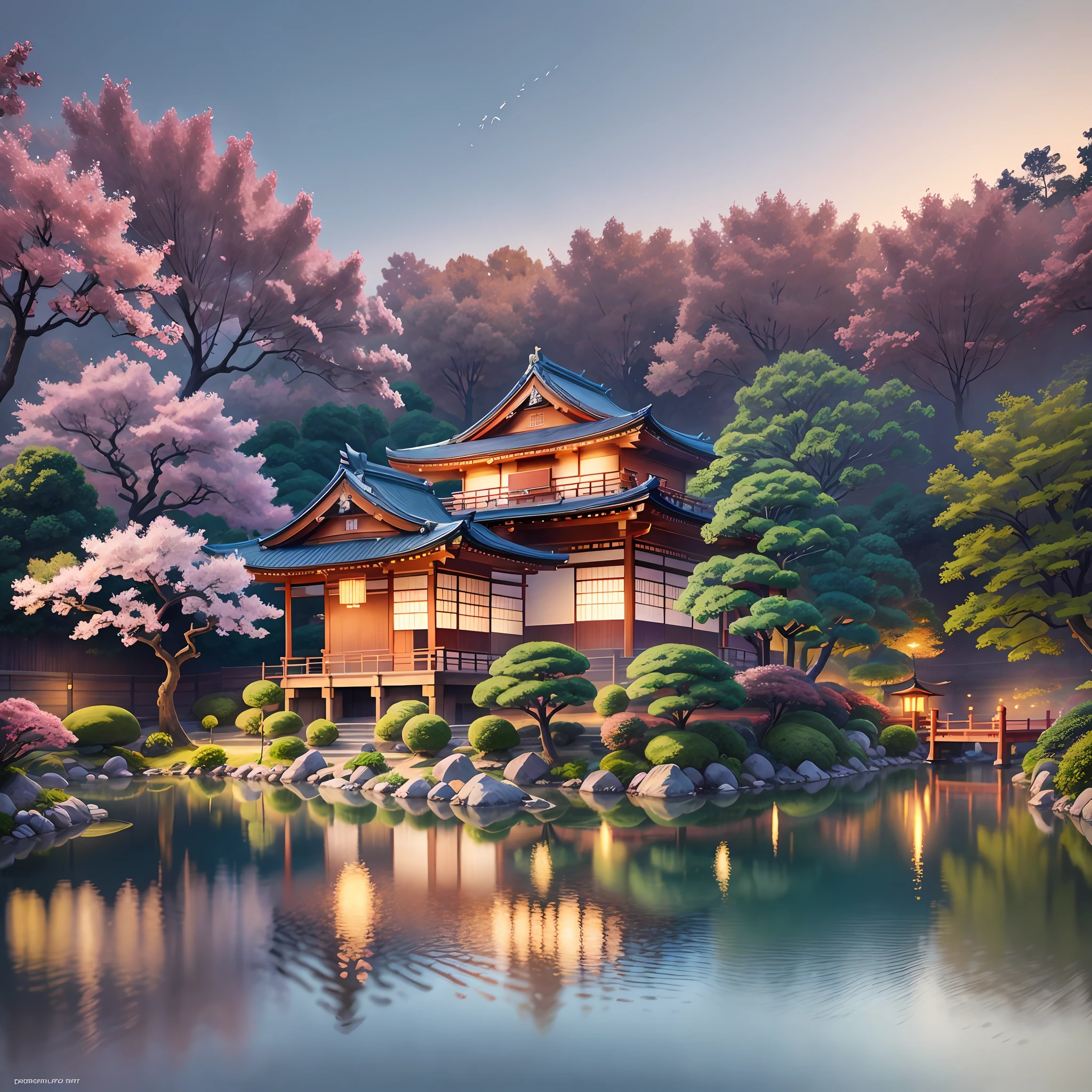 (digital painting),(best quality), serene Japanese garden, cherry blossoms in full bloom, koi pond, footbridge, pagoda, Ukiyo-e art style, Hokusai inspiration, Deviant Art popular, 8k ultra-realistic, pastel color scheme, soft lighting, golden hour, tranquil atmosphere, landscape orientation