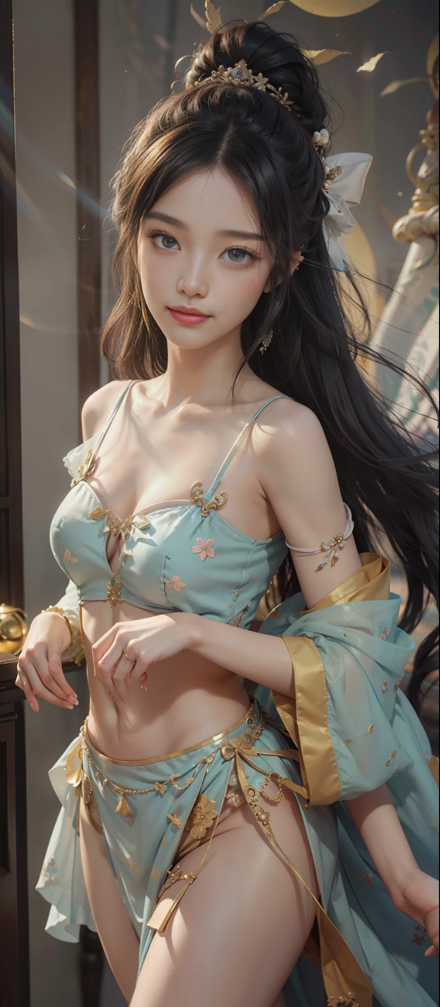 Dunhuang style, 1girle, (realistic, photorealistic real: 1.3), extremely delicate beautiful girl, supple fair skin, delicate facial features, perfect face, light makeup, peach blossom eye makeup, sexy posture, sexy collarbone, portrayal of hand details, delicate hands, delicate eyelashes, delicate eyes, bare shoulders, stunning beauty, extreme details, realistic details, best quality, high detail, masterpiece, shoulder, navel, flying pipa girl, Dunhuang mural in background, dancing, Buddhist musical instrument in hand, black hair, Very Long Hair, Hair Accessories, Fluttering Ribbons, Dynamic Perspective, Hair Bubbles, Flowers on Head, Gradient Eyes, Smile, Surrealism, High Detail, Romanticism, Film Lighting, Glitter, Reflected Light, UHD, Retina, Masterpiece, Super Detail, Textured Skin, Anatomically Correct, High Detail, Best Quality, High Resolution, High Quality, Award-Standing, 8K