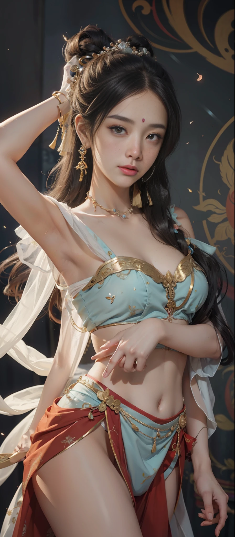 Dunhuang style, 1girle, (realistic, photorealistic real: 1.3), extremely delicate beautiful girl, supple fair skin, delicate facial features, perfect face, light makeup, peach blossom eye makeup, sexy posture, sexy collarbone, portrayal of hand details, delicate hands, delicate eyelashes, delicate eyes, bare shoulders, stunning beauty, extreme details, realistic details, best quality, high detail, masterpiece, shoulder, navel, flying pipa girl, Dunhuang mural in background, dancing, Buddhist musical instrument in hand, black hair, Very Long Hair, Hair Accessories, Fluttering Ribbons, Dynamic Perspective, Hair Bubbles, Flowers on Head, Gradient Eyes, Smile, Surrealism, High Detail, Romanticism, Film Lighting, Glitter, Reflected Light, UHD, Retina, Masterpiece, Super Detail, Textured Skin, Anatomically Correct, High Detail, Best Quality, High Resolution, High Quality, Award-Standing, 8K