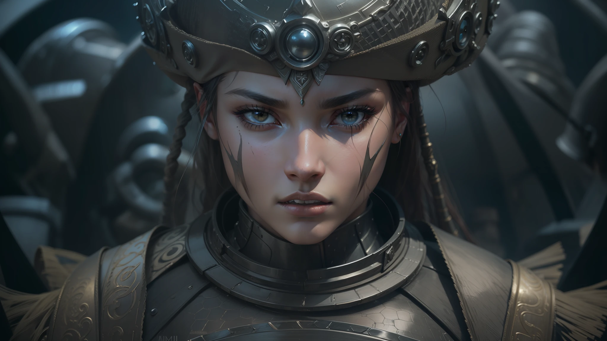 a close up of a woman in a costume with a hat on, artgerm and patrick demarchelier, beautiful female warrior, imogen poots as a holy warrior, shanina shaik as medusa, movie still of a alien cyborg, valerian, movie still of aztec cyborg, cgsociety 4 k uhd, cinematic cgsociety --auto --s2