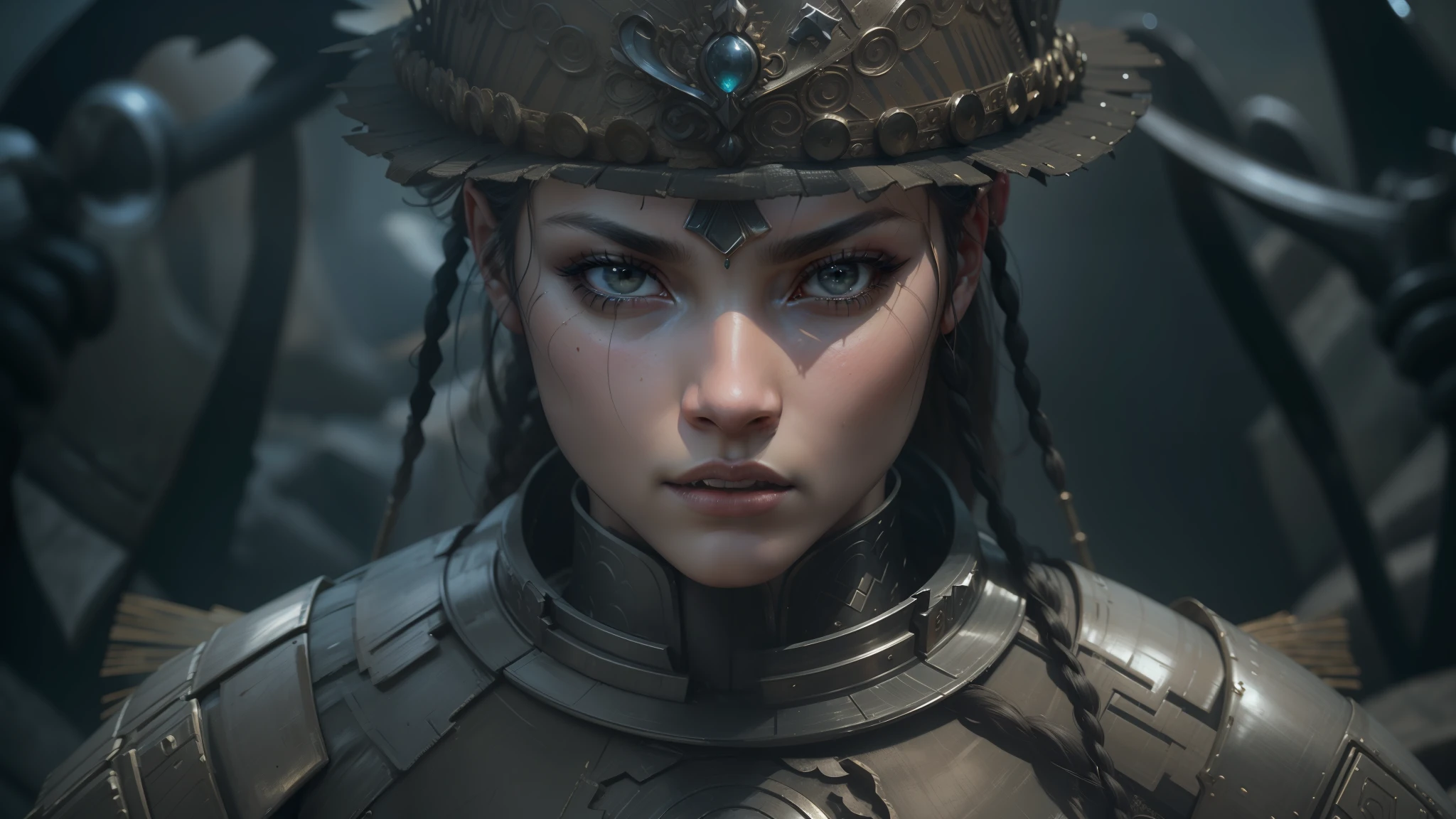 a close up of a woman in a costume with a hat on, artgerm and patrick demarchelier, beautiful female warrior, imogen poots as a holy warrior, shanina shaik as medusa, movie still of a alien cyborg, valerian, movie still of aztec cyborg, cgsociety 4 k uhd, cinematic cgsociety --auto --s2