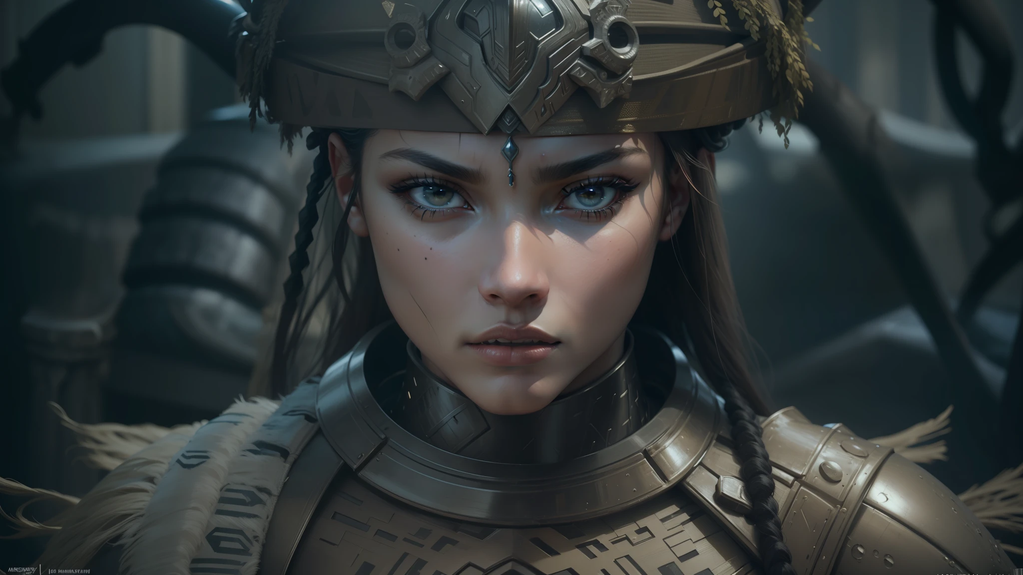 a close up of a woman in a costume with a hat on, artgerm and patrick demarchelier, beautiful female warrior, imogen poots as a holy warrior, shanina shaik as medusa, movie still of a alien cyborg, valerian, movie still of aztec cyborg, cgsociety 4 k uhd, cinematic cgsociety --auto --s2