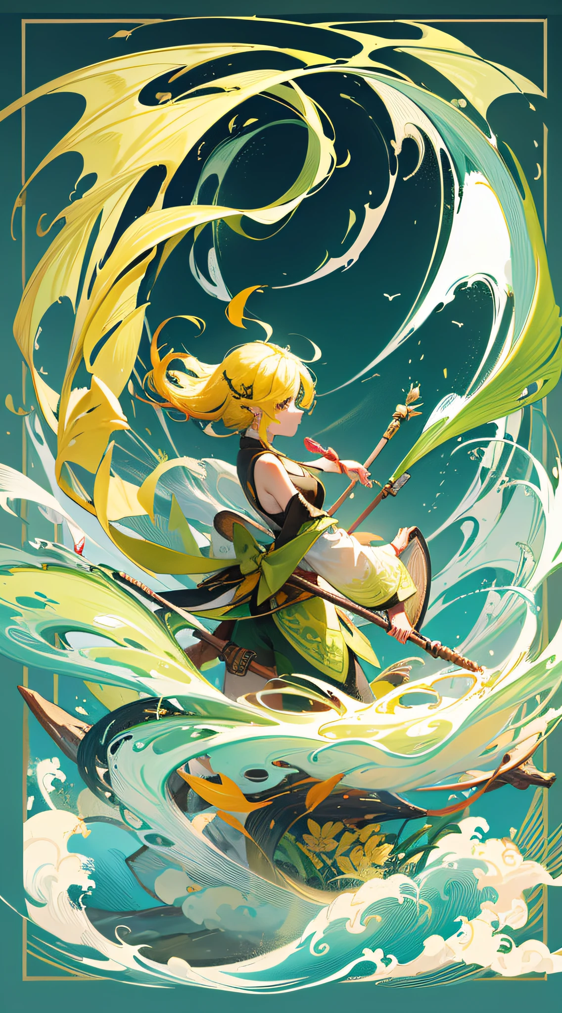 Dragon Boat Festival scene, A little girl with yellow hair with wings, Stand on a green dragon boat, Beat the drums, Chinese wind, flatillustration, The waves are churning, Green mountains, Ni Chuanjing, collage, collage, f/1.2, Wide-Angle --auto --s2
