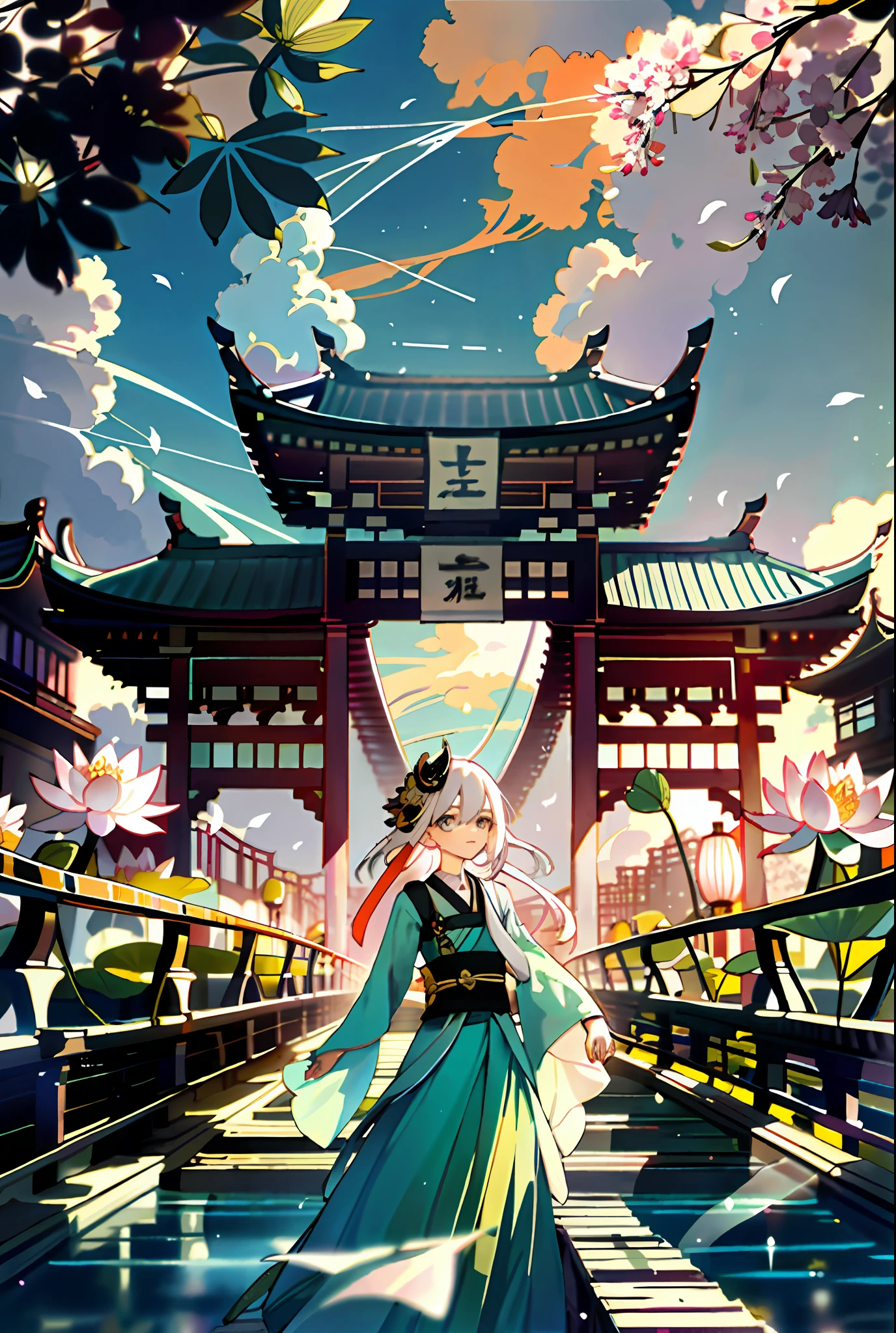 A woman, a woman standing on a bridge, under the bridge is a lotus pond, in the distance there is a torii, there are houses, delicate faces, bright sky, soft sunlight, lotus flowers, lotus leaves, branches, colors, vitality, beauty, contrast, nature, life force, sunlight. Beautiful atmosphere, harmonious and comfortable integration, aesthetics, high details,