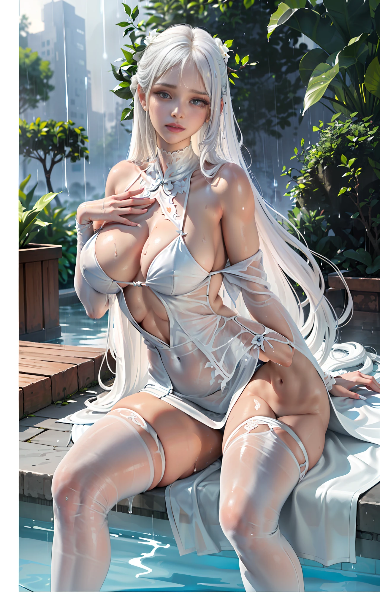 Thick fleshy thighs tightened by white stockings, huge breasts. Transparent gauze, painting, (best quality, 4k, Masterpiece: 1.4), Beautiful Woman, Surreal, 1 Girl, ((Facing the viewer, hand caressing her own chest)), (Sagging breasts, charming body: 1.6), Sit-ups: 1.1, Long white hair: 1.8, (Wet Rain, Rain Wet, Wet Body: 1.7), Ultra-detailed face, detailed lips, detailed eyes, double eyelids, sexy low-necked dress, open neckline, hanging breasts, side pose, visible curves, pool party, poolside, white transparent robe, muscle-turning legs