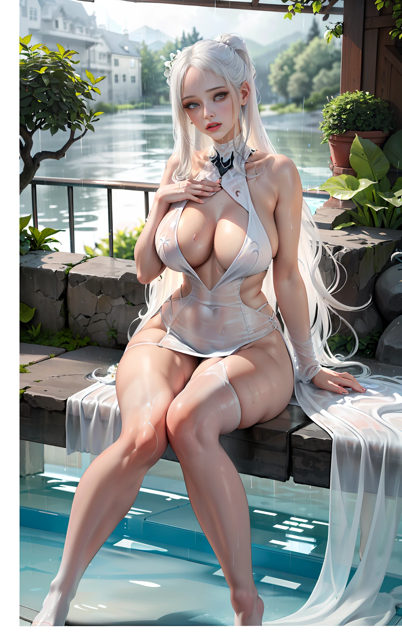 Thick fleshy thighs tightened by white stockings, huge breasts. Transparent gauze, painting, (best quality, 4k, Masterpiece: 1.4), Beautiful Woman, Surreal, 1 Girl, ((Facing the viewer, hand caressing her own chest)), (Sagging breasts, charming body: 1.6), Sit-ups: 1.1, Long white hair: 1.8, (Wet Rain, Rain Wet, Wet Body: 1.7), Ultra-detailed face, detailed lips, detailed eyes, double eyelids, sexy low-necked dress, open neckline, hanging breasts, side pose, visible curves, pool party, poolside, white transparent robe, muscle-turning legs