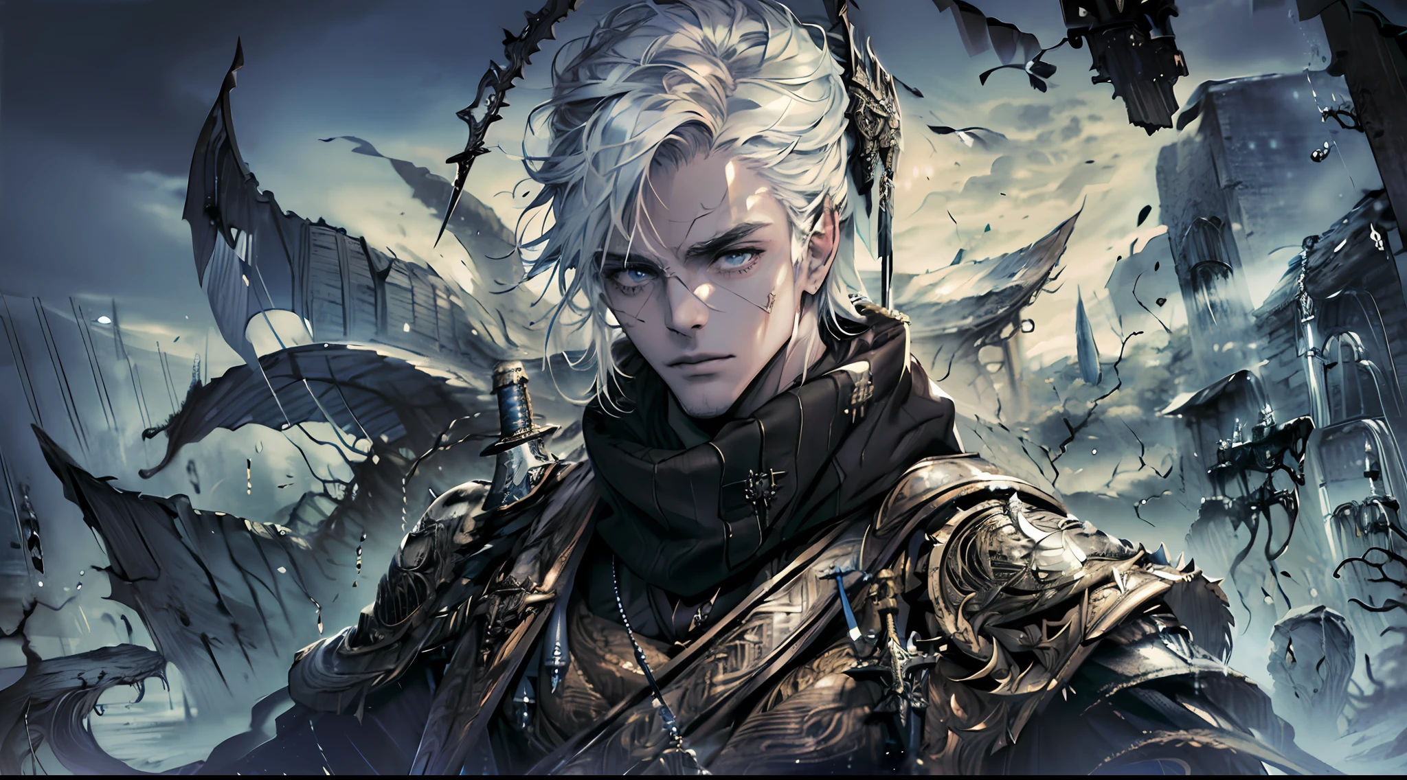A young boy, of the highest quality, masterpiece, handsome, runic swordsman, engraved seal on the sword, modern clothing, fantasy world style, scarf, blade engraved with seal, trousers, he holds a sword inlaid with mysterious runes, the body of the sword flashes with a strange light, realistic, indifferent