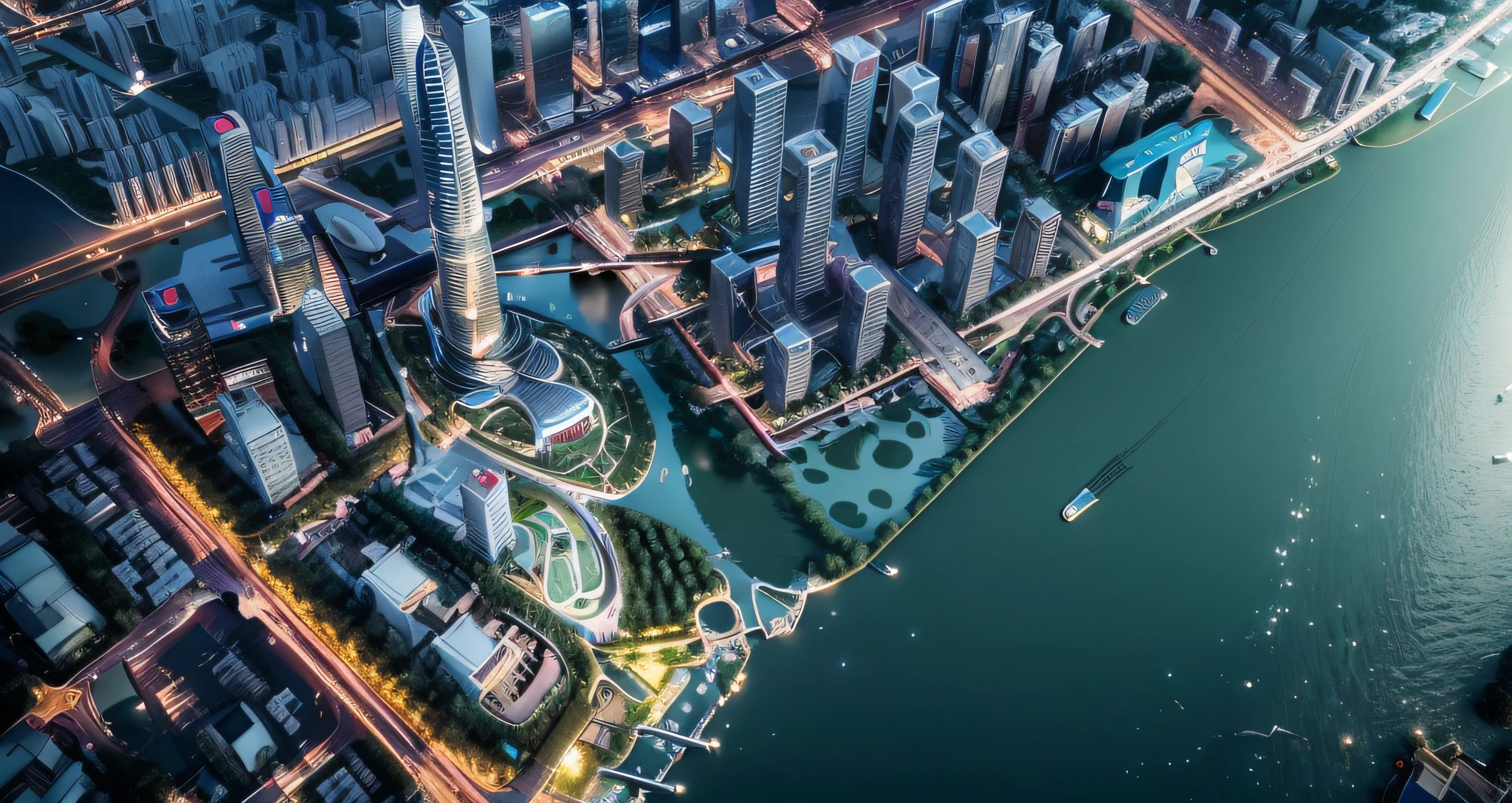 City skyline view, a river in the foreground, Guangzhou city, Guangzhou, China, skyline display, skyline, from China, trend, 3D model HD rendering, architectural rendering, Unreal Engine rendering, surrealism, skyscrapers, soothing tones, chinese dreamland, octane rendering, spectacular clouds, fantasy clouds. Part looking to the left, Huancheng, Guangzhou Financial City. Chinese architecture,. The bustling tech building is beyond imagination, visionary (wide-angle lens), ultra-high resolution (authenticity: 1.4), ultra-high quality, enhanced detail. Extremely detailed CG Unity 8k wallpapers, aesthetics, award-winning photography, realism, high detail, intricacies, art of travel, realistic 3D animation style, landscape concept art, ultra-high resolution (realism: 1.4), aesthetics, focus, high quality, vivid colors, beautiful reflections, crystal clear water, award-winning photography, 3D lighting and beautiful cinematic lighting. Rich detail, aerial view, top view, bird's nest type oval building, realistic, at night, skyscraper top glossy, high detail