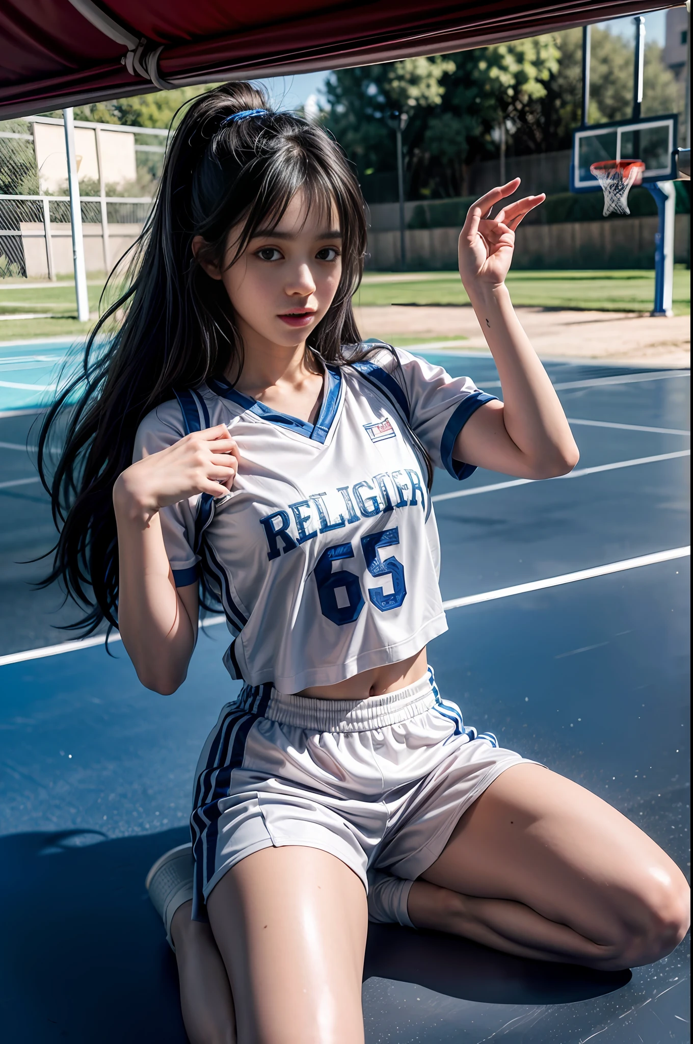 (8k, Best Quality, Masterpiece: 1.2), (Realistic, Realistic: 1.37), Ultra Detailed, Best Quality, Ultra High Resolution, Professional Lighting, Photon Mapping, Radiosity, Physically Based Rendering, Cinematic Lighting, Basketball court, depth of field, clear focus, sunlight, good composition, (bokeh: 1.2) 1girl, solo, (full body), (closed mouth), beautiful and detailed eyes, pose, narrow waist, basketball uniform, black hair , messy hair, long hair blowing in the wind, (ulzzang-6500:1.2) mix4, hiqcgbody