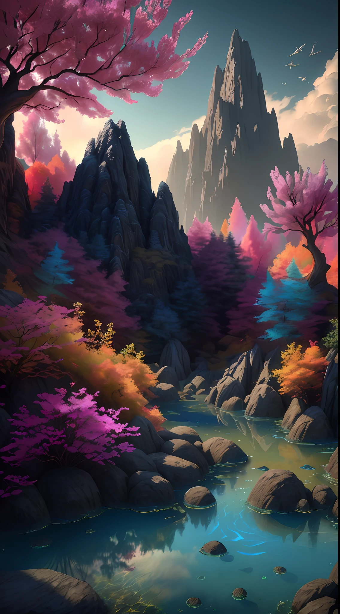 (low contrast ), colorfantasystyle masterpiece, best quality, high quality, extremely detailed CG unity 8k wallpaper, scenery, outdoors, sky, cloud, day, no humans, mountain, landscape, water, tree, blue sky, waterfall, cliff, nature, lake, river, cloudy sky,award winning photography, Bokeh, Depth of Field, HDR, bloom, Chromatic Aberration ,Photorealistic,extremely detailed, trending on artstation, trending on CGsociety, Intricate, High Detail, dramatic, art by midjourney