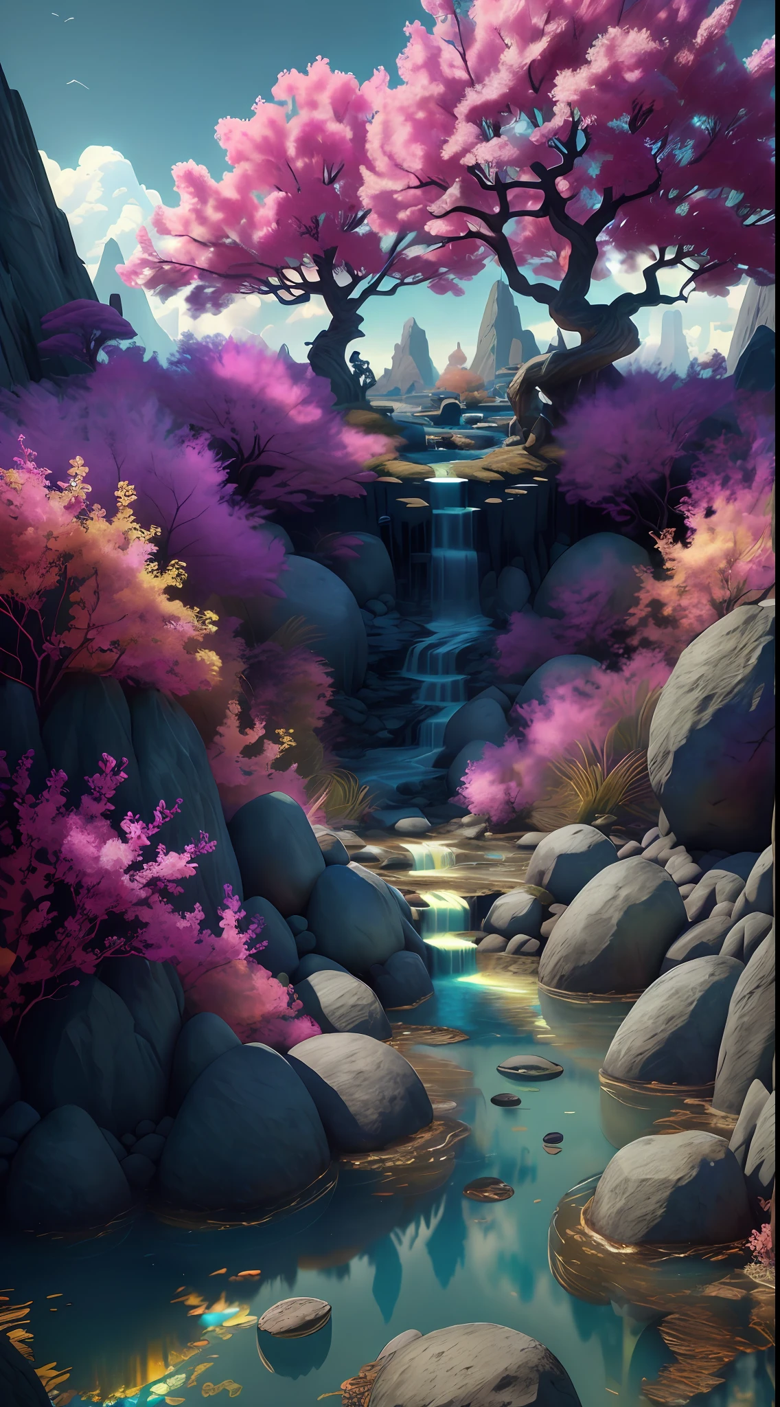 (low contrast ), colorfantasystyle masterpiece, best quality, high quality, extremely detailed CG unity 8k wallpaper, scenery, outdoors, sky, cloud, day, no humans, mountain, landscape, water, tree, blue sky, waterfall, cliff, nature, lake, river, cloudy sky,award winning photography, Bokeh, Depth of Field, HDR, bloom, Chromatic Aberration ,Photorealistic,extremely detailed, trending on artstation, trending on CGsociety, Intricate, High Detail, dramatic, art by midjourney