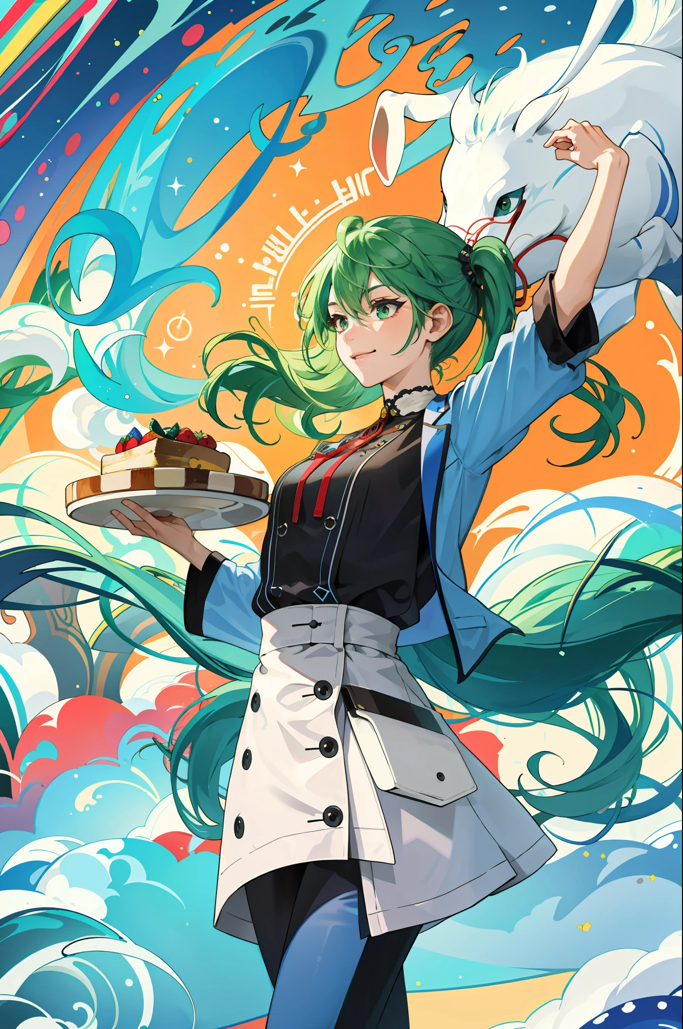 (absurdres, highres, ultra detailed), (1girl:1.4, green hair, cowboy shot), BREAK psychedelic art, vibrant colors, swirling patterns, optical illusions, hallucinatory visuals, mind-expanding imagery, counterculture influence BREAK ambigrams, symmetrical designs, rotational illusions, calligraphic art, visual wordplay, creative typography, artistic puzzles BREAK , culinary delights, delicious dishes, gourmet experiences, refreshing beverages, international cuisine, dining culture