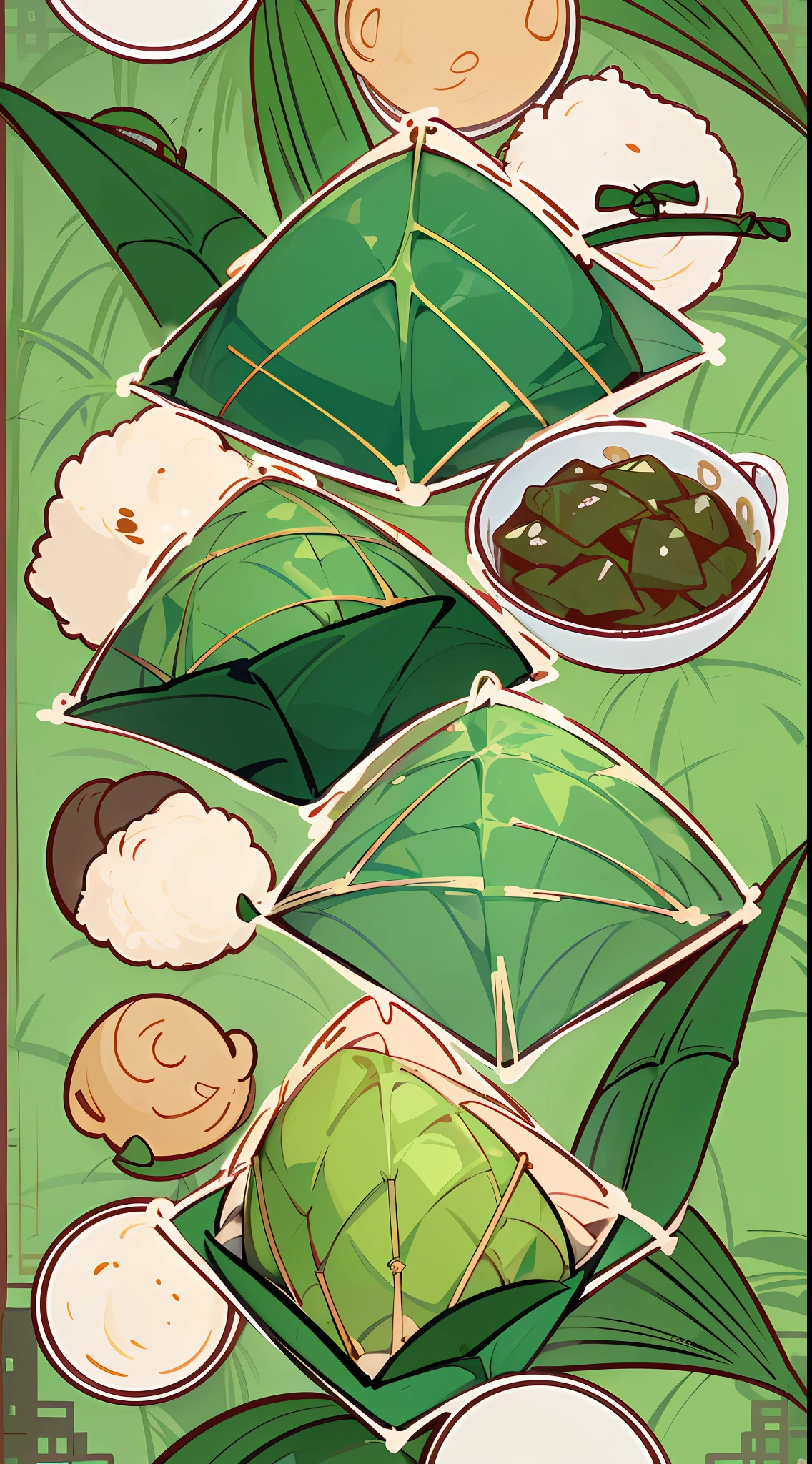(Chinese triangles food poster), ((triangles food)), (Wrapped glutinous rice with green leaves triangular Zongzi),Food steamer made of bamboo,Express the relationship between objects,Triangular composition,Bright green hue