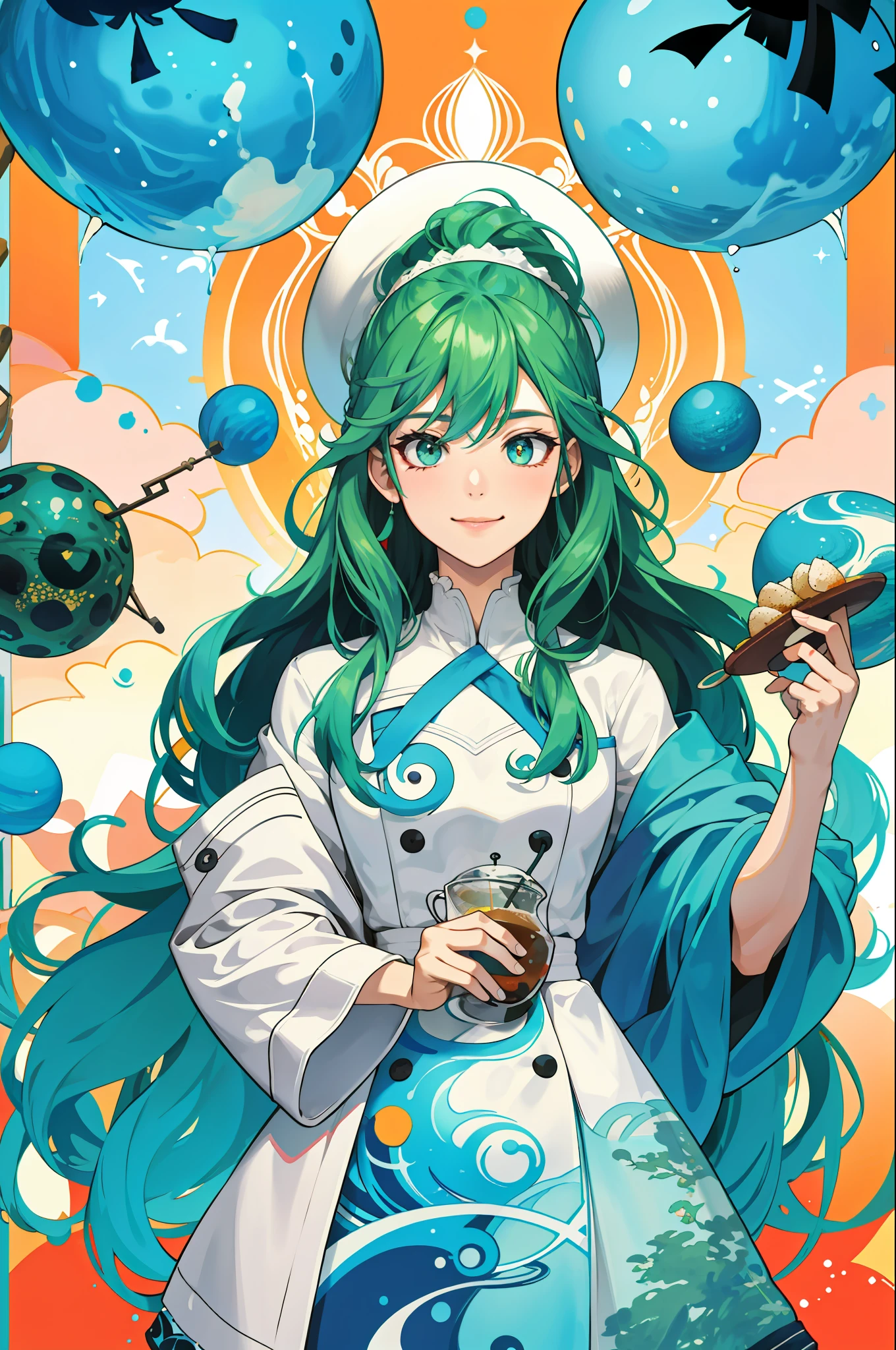 (absurdres, highres, ultra detailed), (1girl:1.4, green hair, cowboy shot), BREAK psychedelic art, vibrant colors, swirling patterns, optical illusions, hallucinatory visuals, mind-expanding imagery, counterculture influence BREAK ambigrams, symmetrical designs, rotational illusions, calligraphic art, visual wordplay, creative typography, artistic puzzles BREAK , culinary delights, delicious dishes, gourmet experiences, refreshing beverages, international cuisine, dining culture