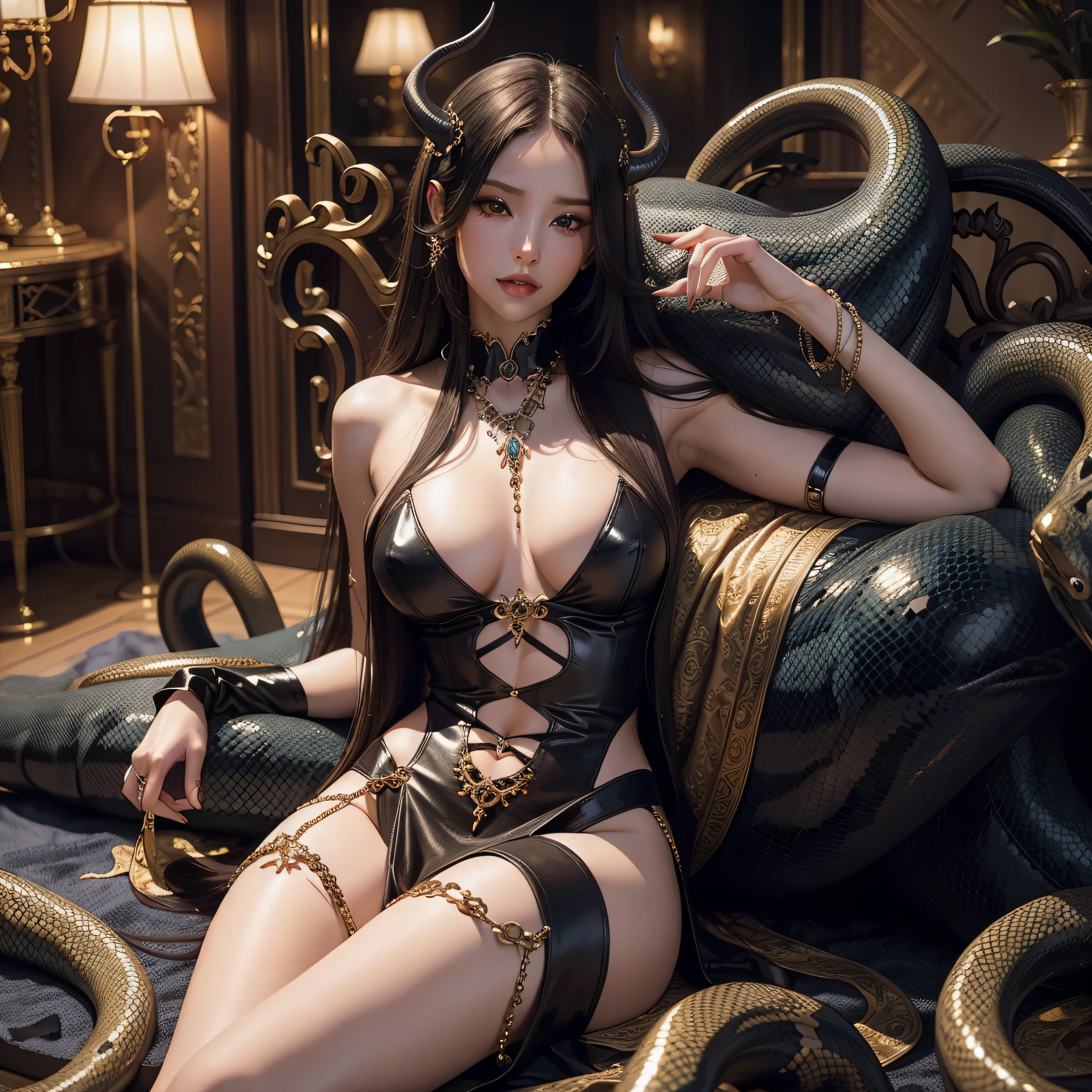 (Masterpiece) (Best) (Stunning) (Award-winning) succubus with long hair, lying majestically playing with snakes." sexy manners erotic poses, sinful.